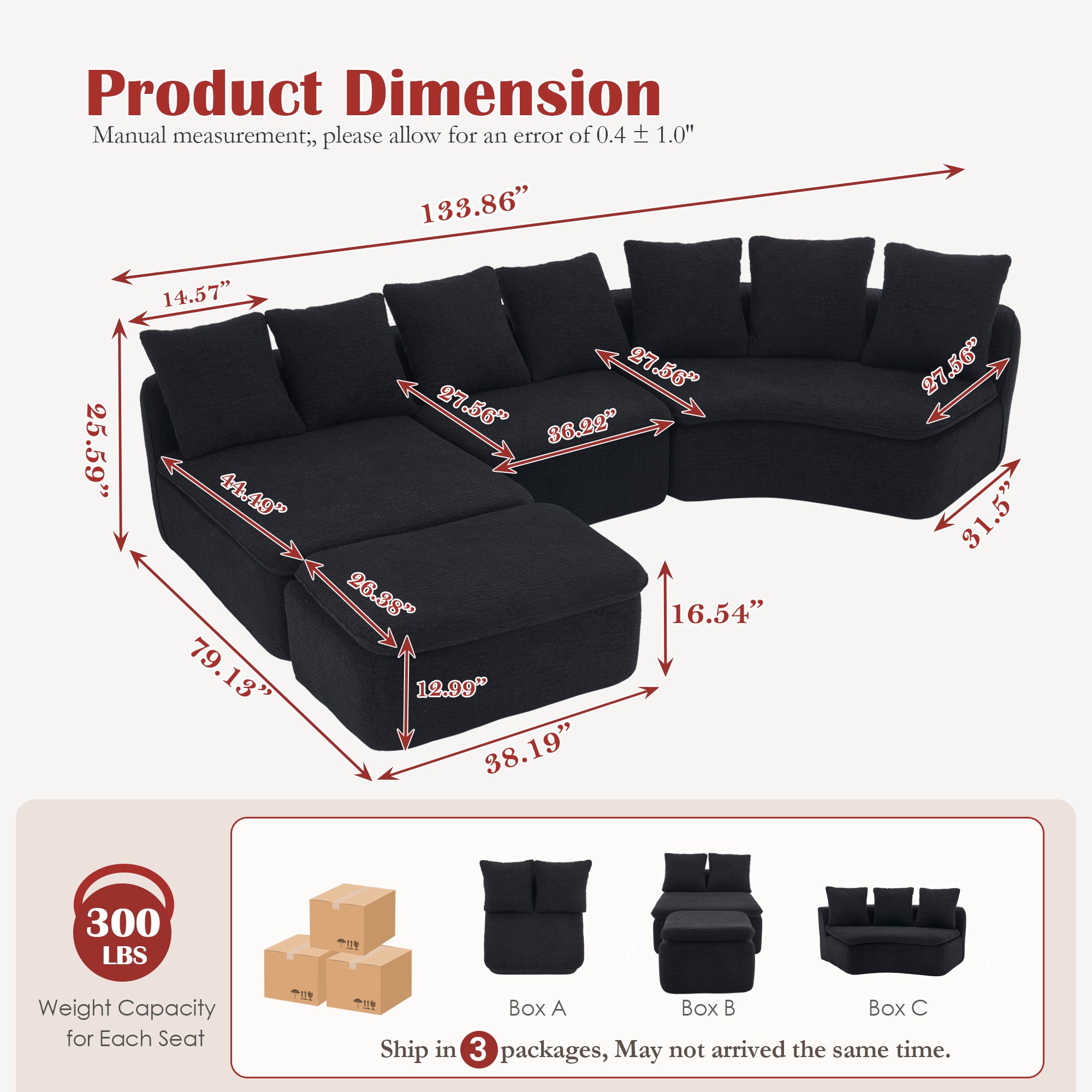 133" Modular U-Shaped Sectional Compression Sofa