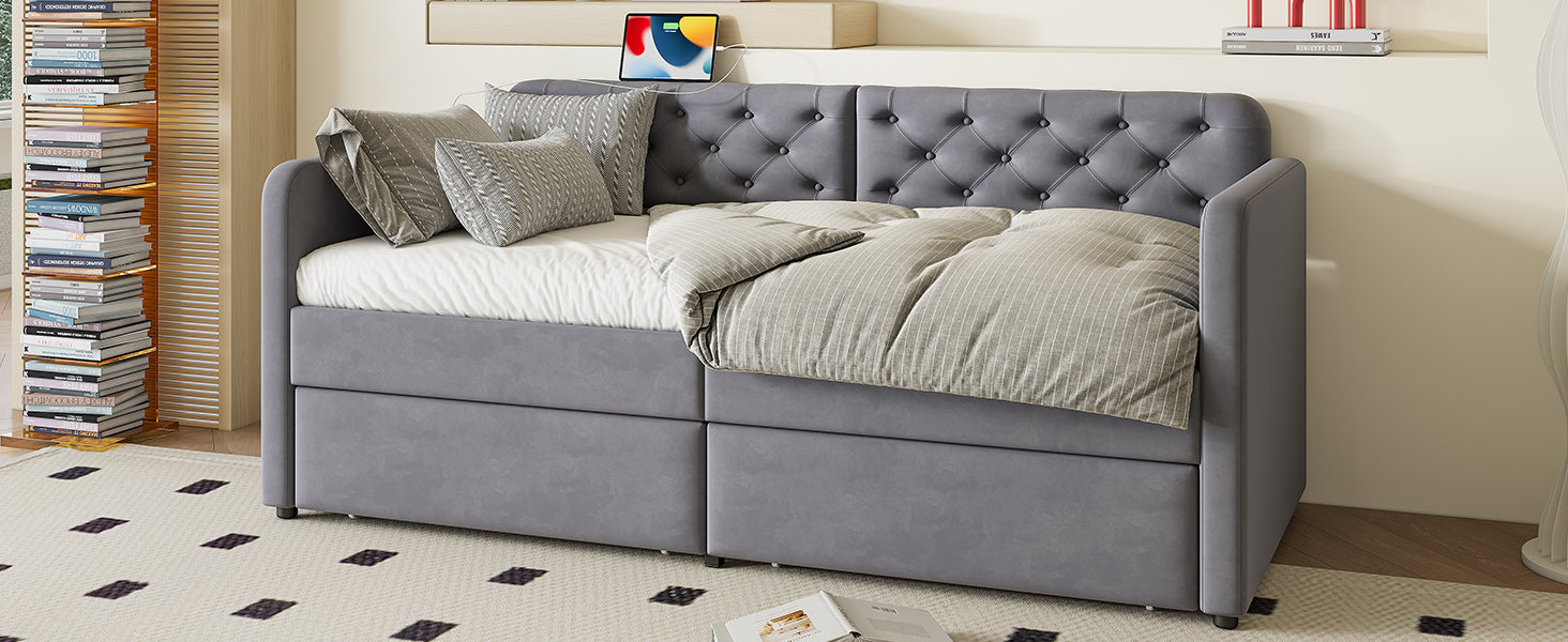 Twin Size Upholstered Daybed with Storage Drawers