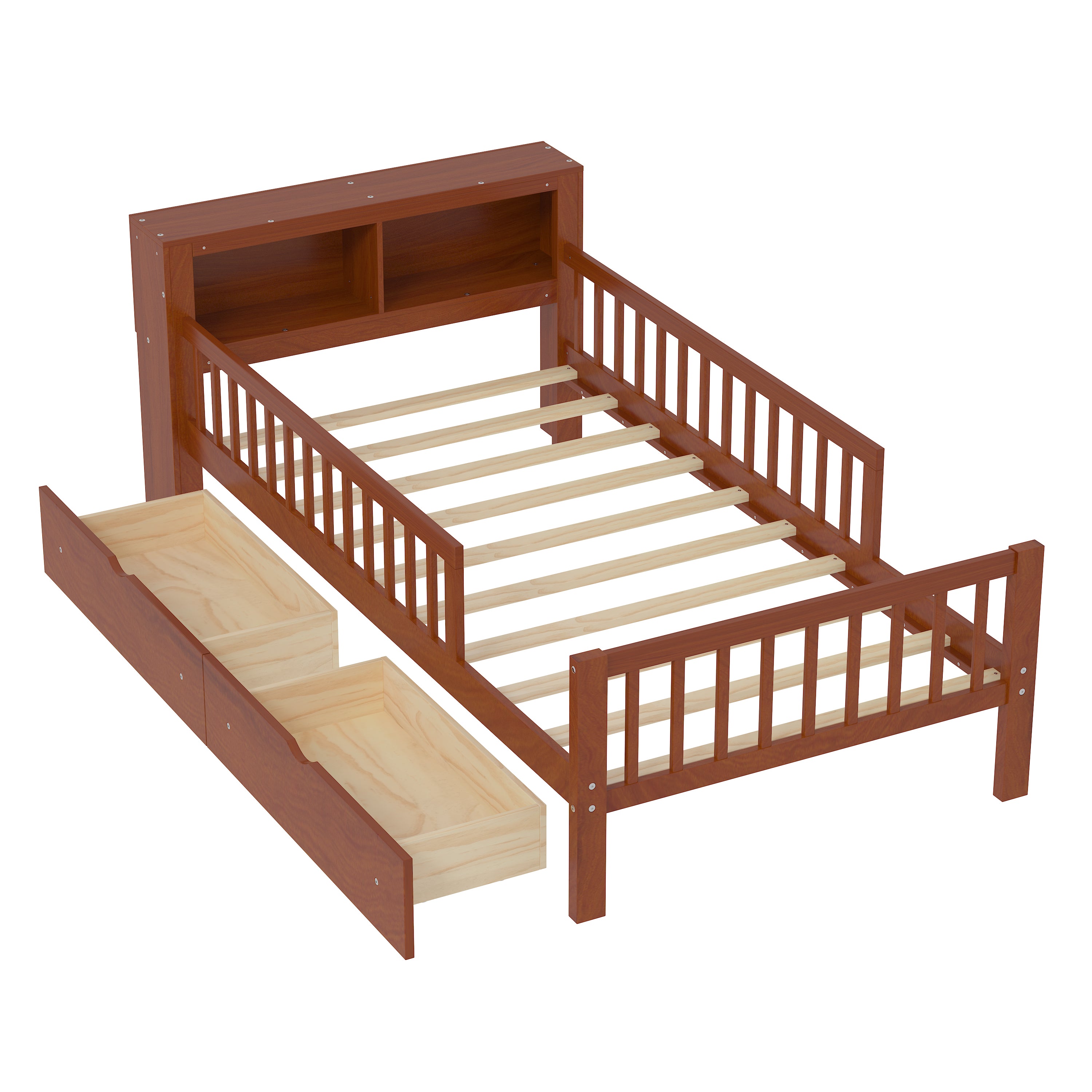Twin Size Bed with Headboard Storage Rack, Two Under-Bed Drawers