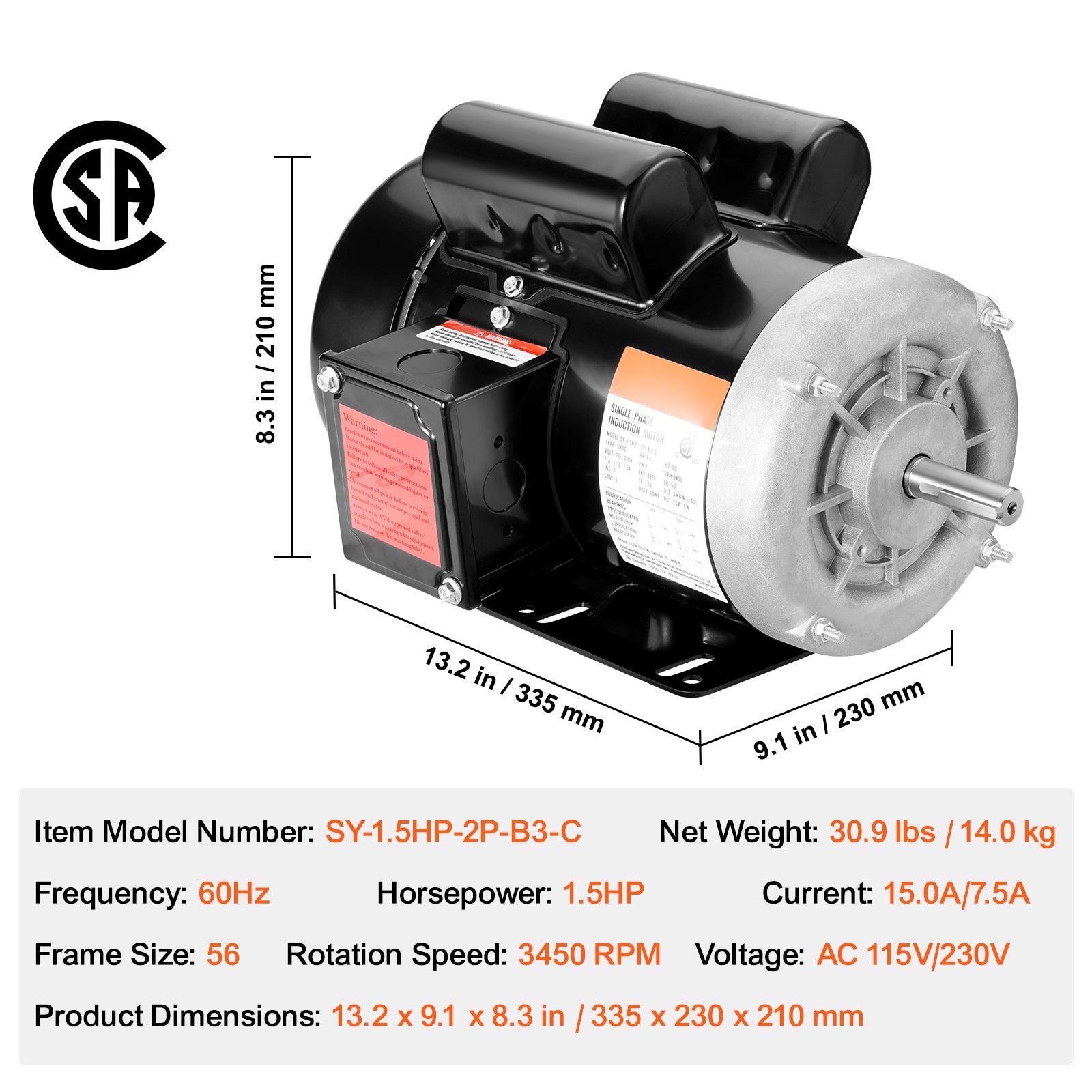 1.5HP Electric Motor 3450 RPM for Agricultural Machinery