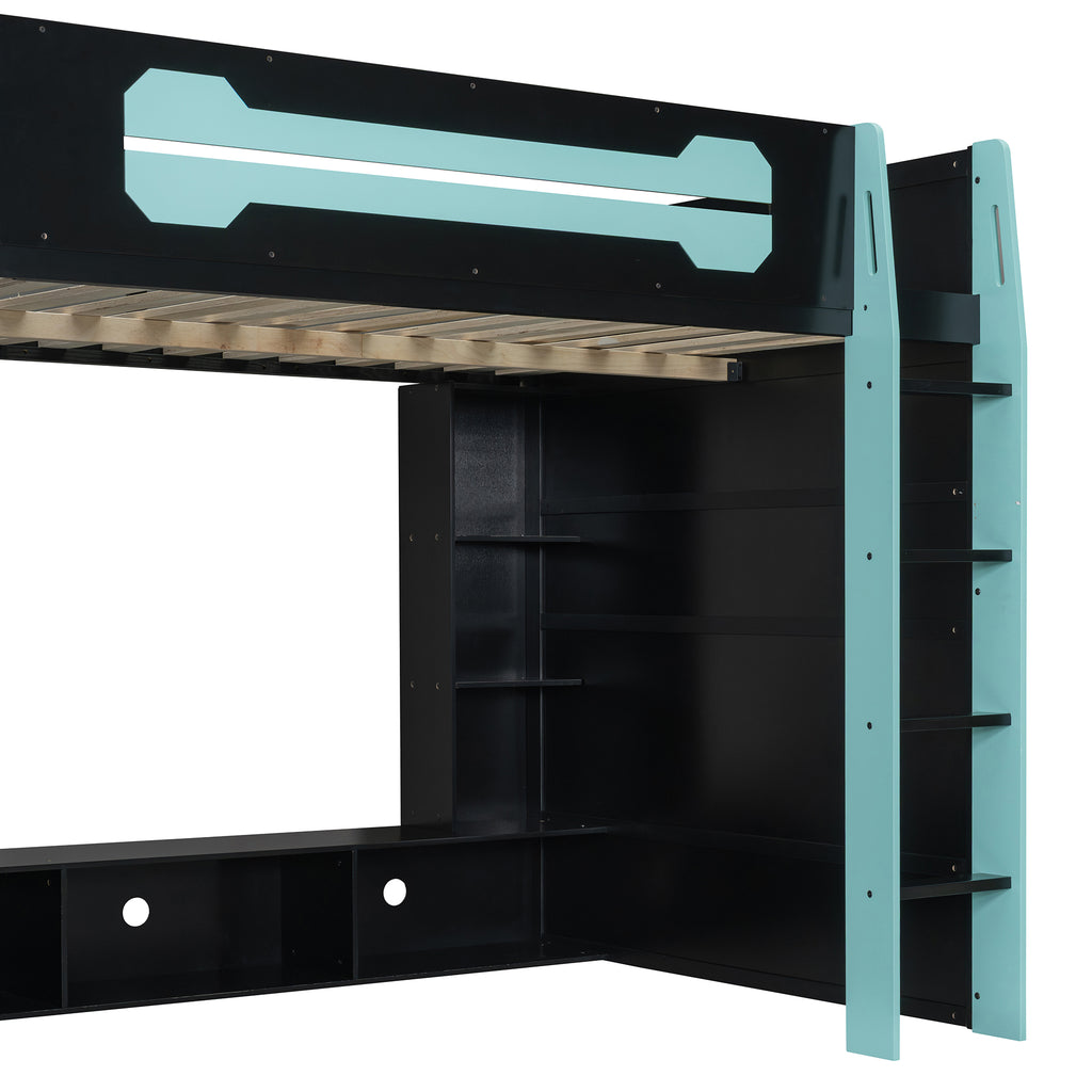 Full Size Wood Loft Bed with Desk, Multi-Storage Shelves and RGB Light, Cloud