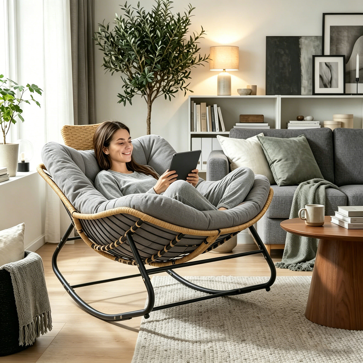 39.37" Papasan Rocking Chair - Outdoor Oversized Patio Egg Chair