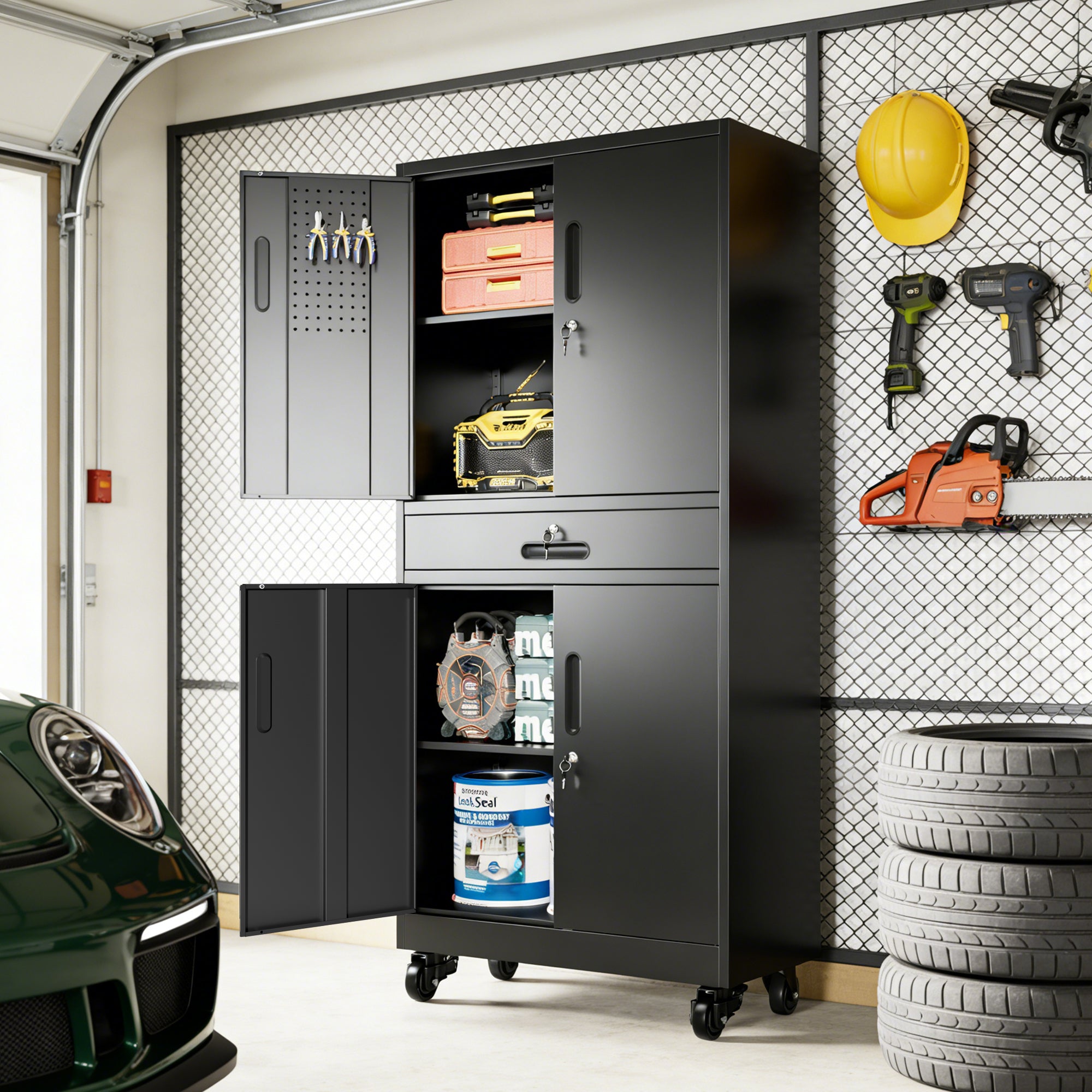 Metal Storage Cabinet with Drawer - Heavy Duty Garage Cabinet