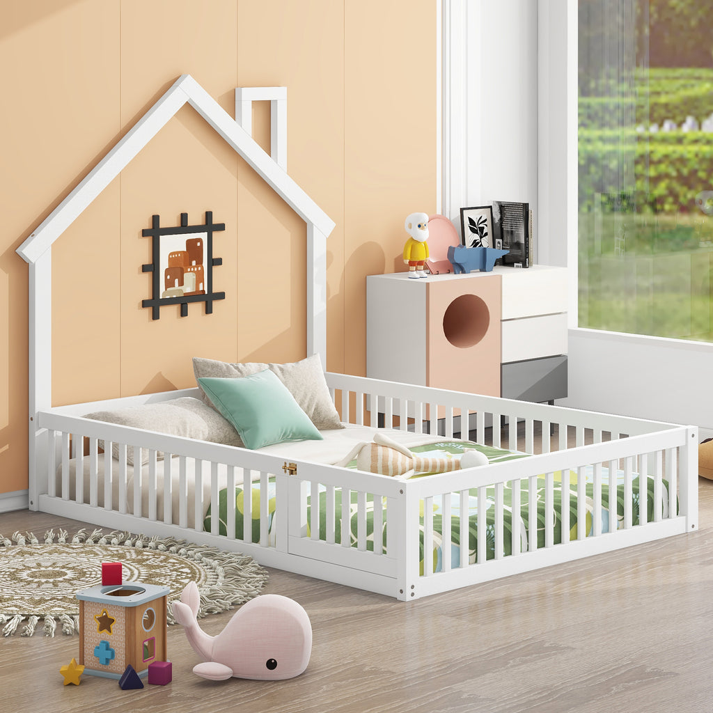 Wood Full Size House Platform Bed with Guardrail