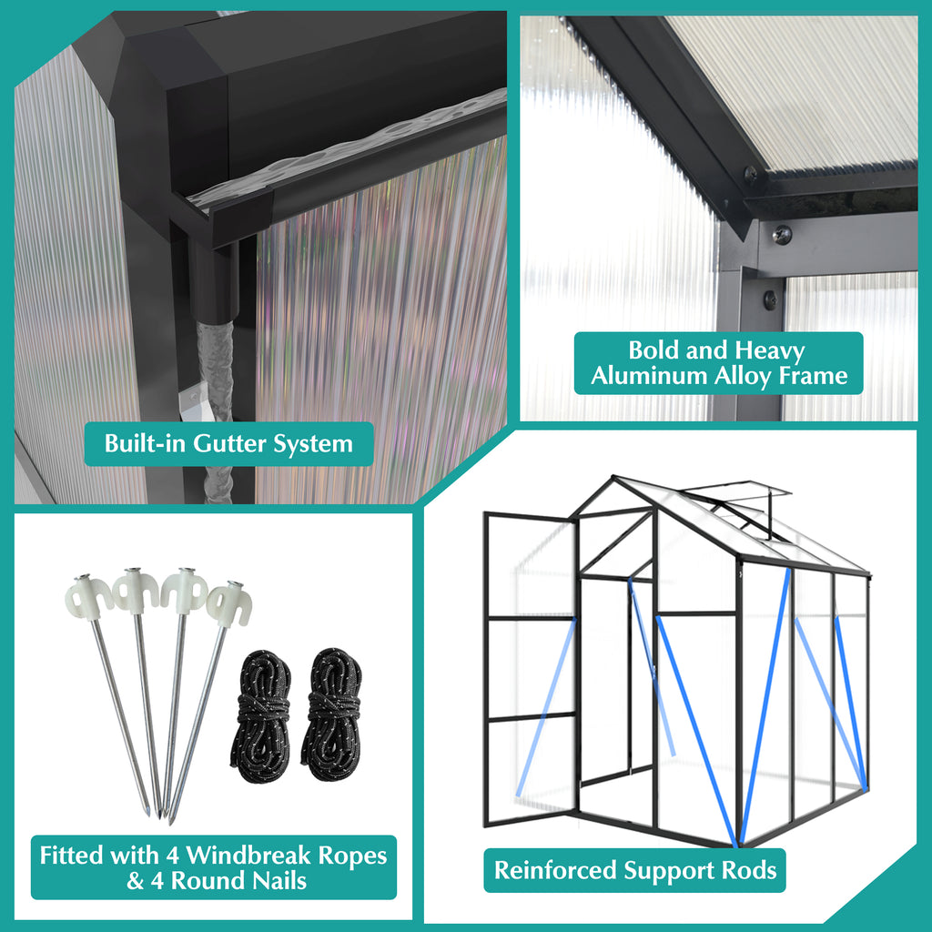 Gain Height Windproof Aluminum Greenhouse 6x8 FT