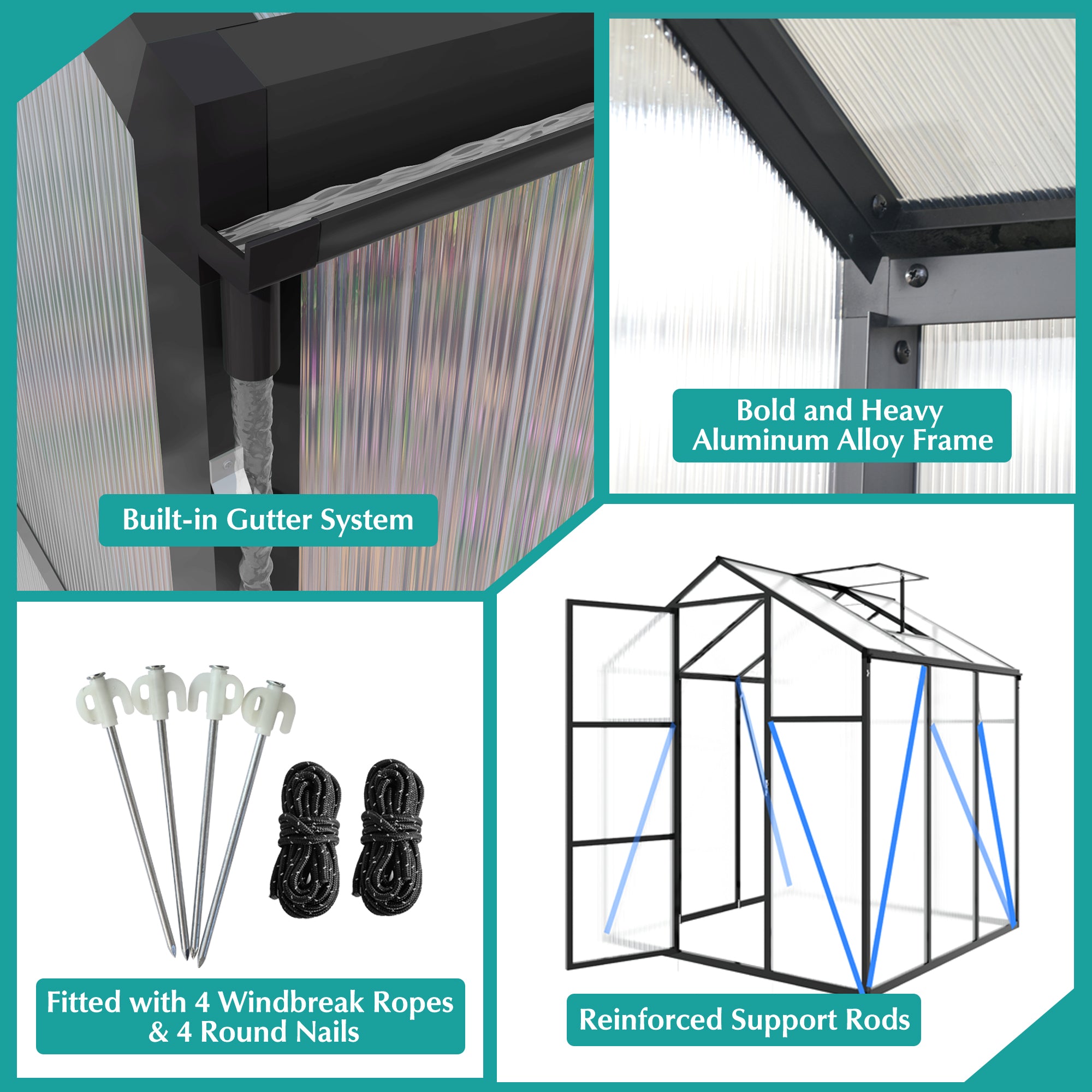 Gain Height Windproof Aluminum Greenhouse 6x8 FT