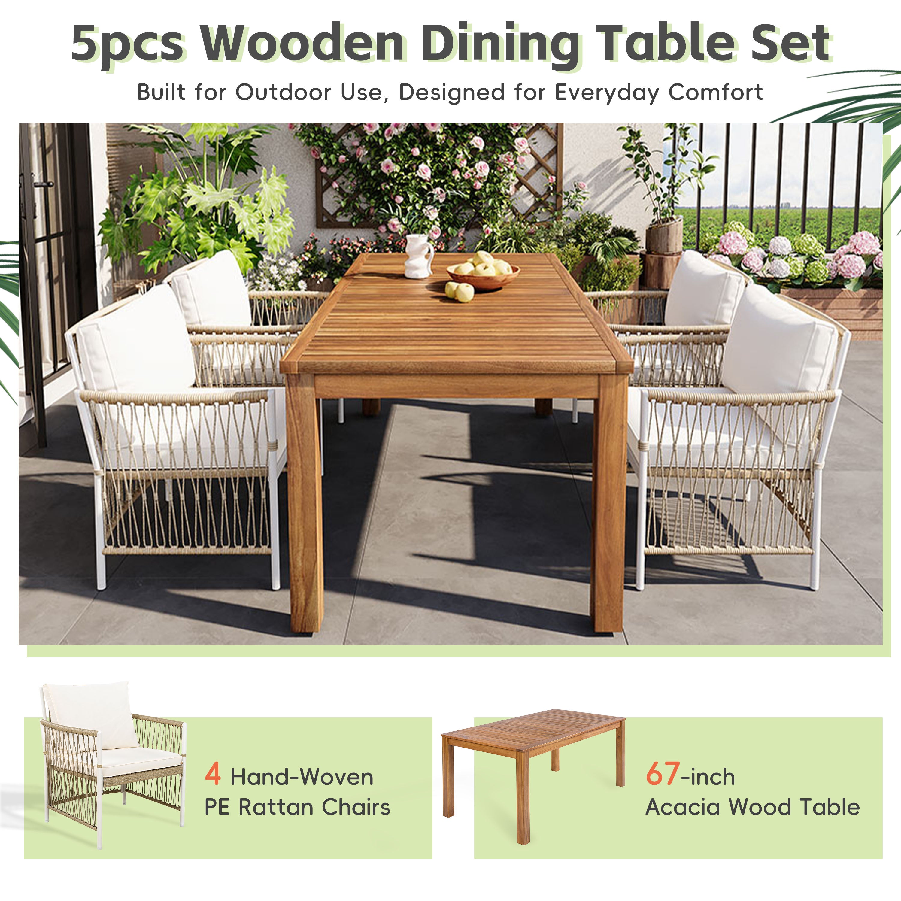 TOPMAX Patio 5pcs Wooden Dining Table Set
