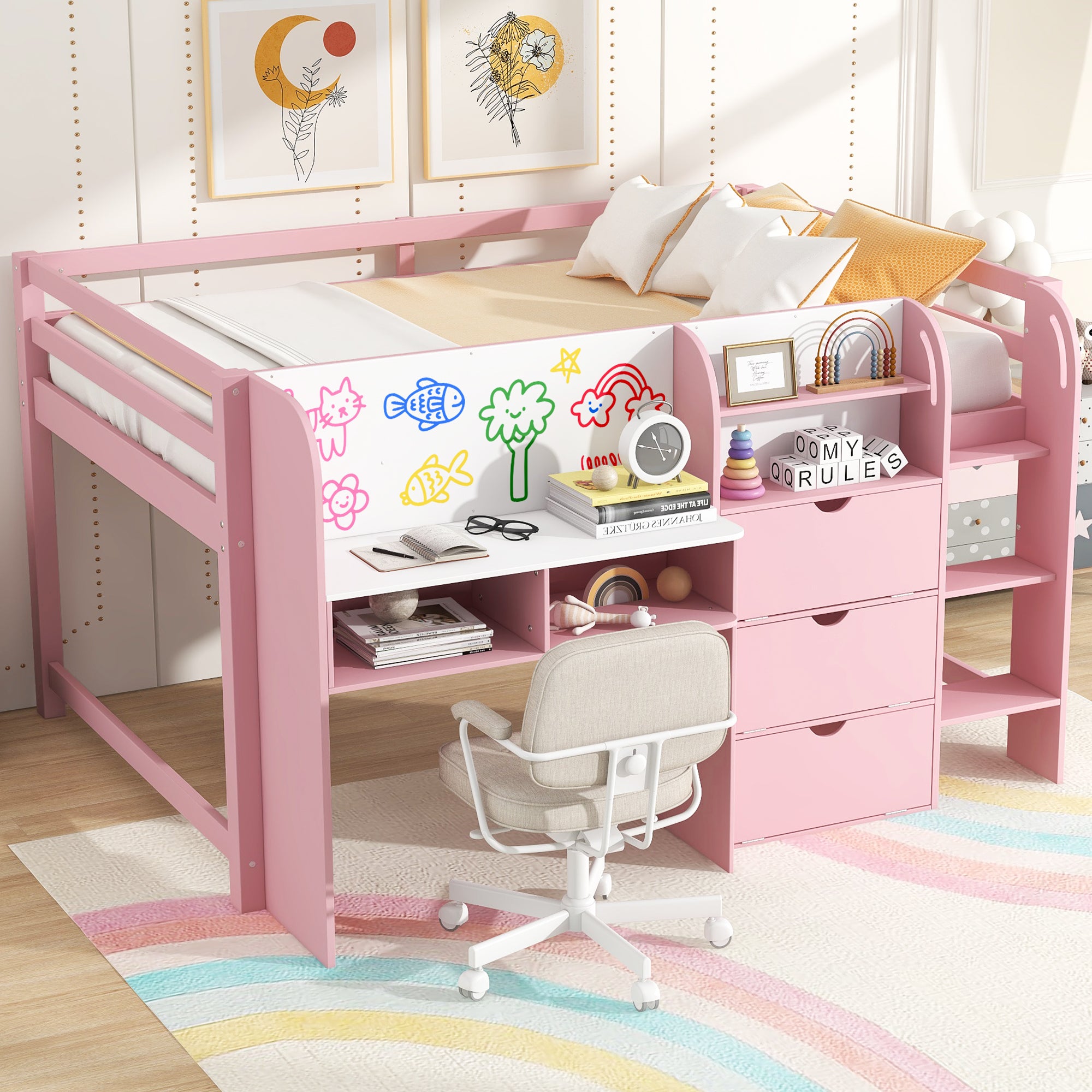 Full Size Low Loft Bed with Built-in Desk, Storage Cabinets and Open Bookcase