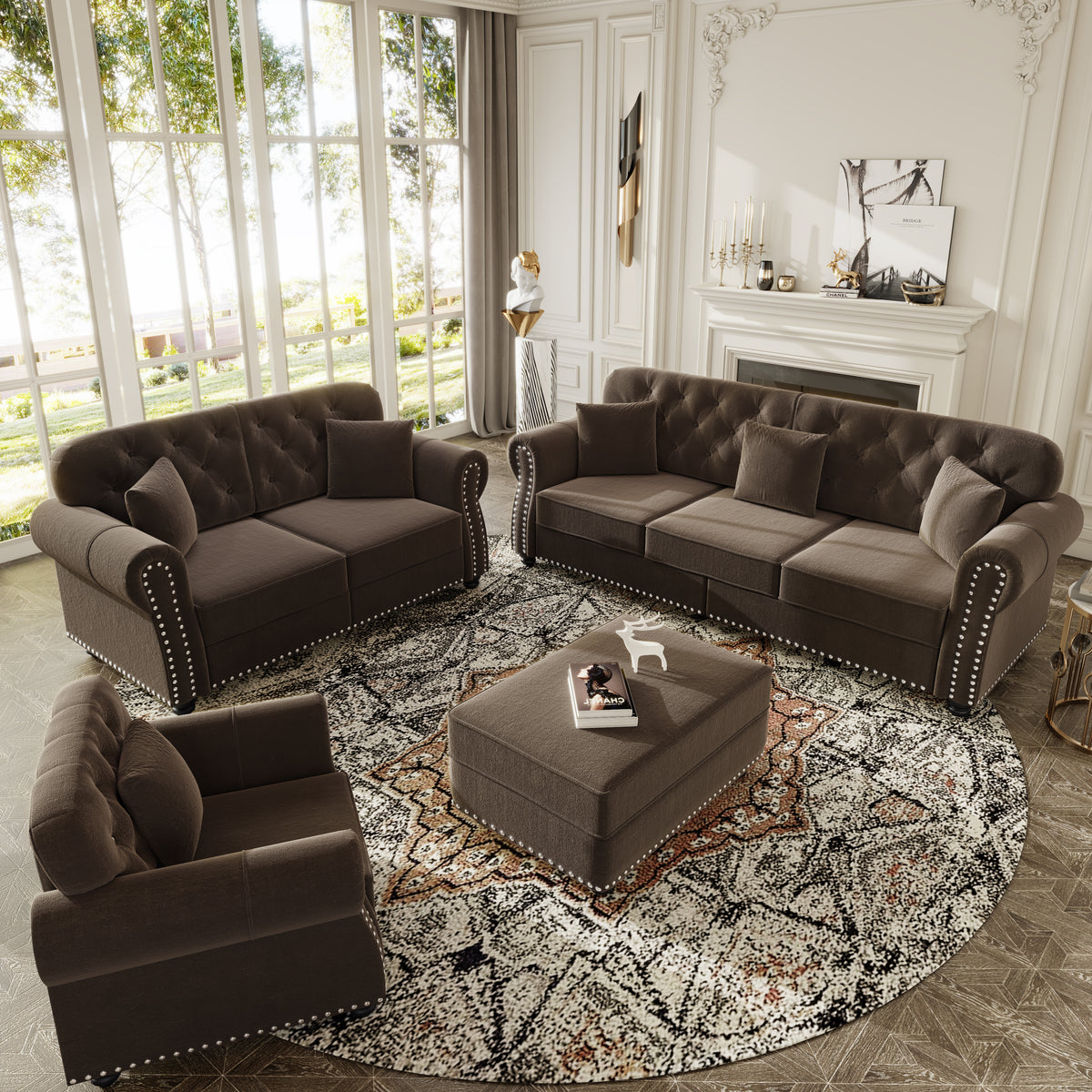 Upholstered Velvet Sofa with Nailhead Trim and Ottoman