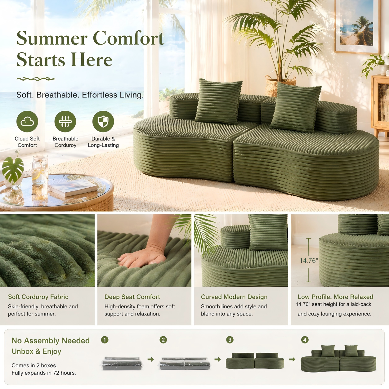 110.24" Fully Compressed Sofa in Corduroy