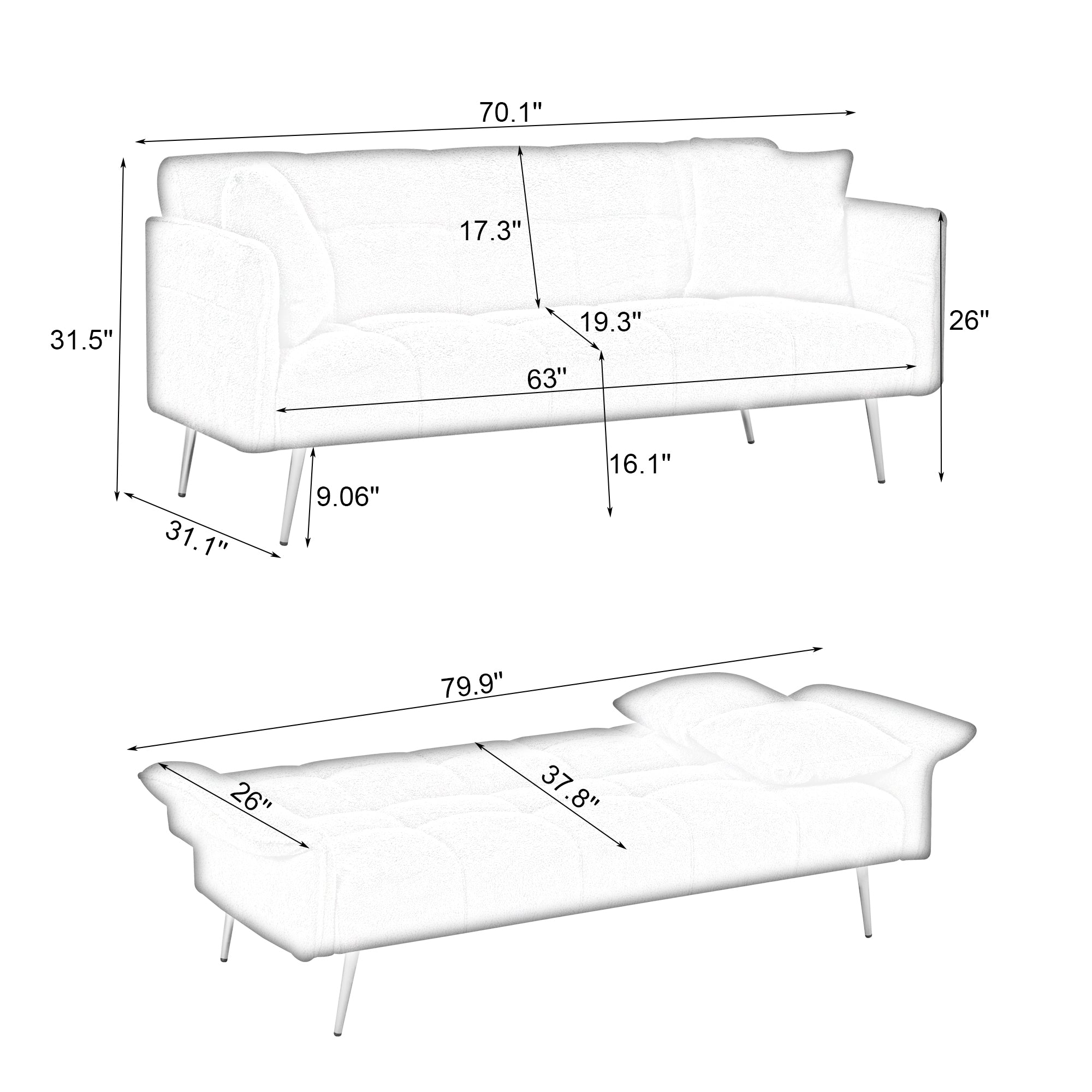 70.1" Futon Sofa Bed Convertible Double Sofa Bed with Folding Armrests