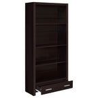 Maureen Cappuccino 5-Shelf Bookcase with Drawer