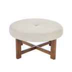 Beige Fabric Round Ottoman with Solid Wood Cross Base