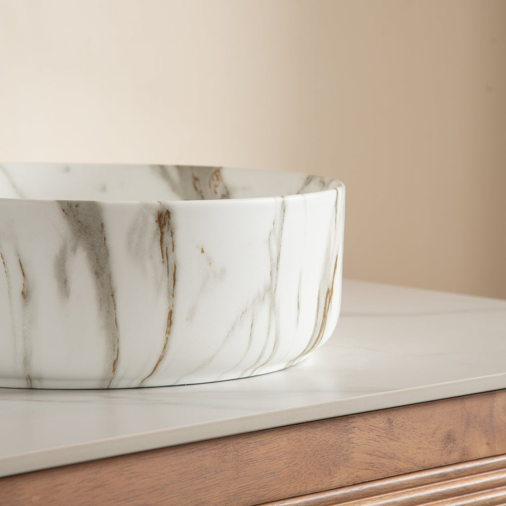 14" Round Vessel Ceramic Bathroom Sink with Stone Pattern