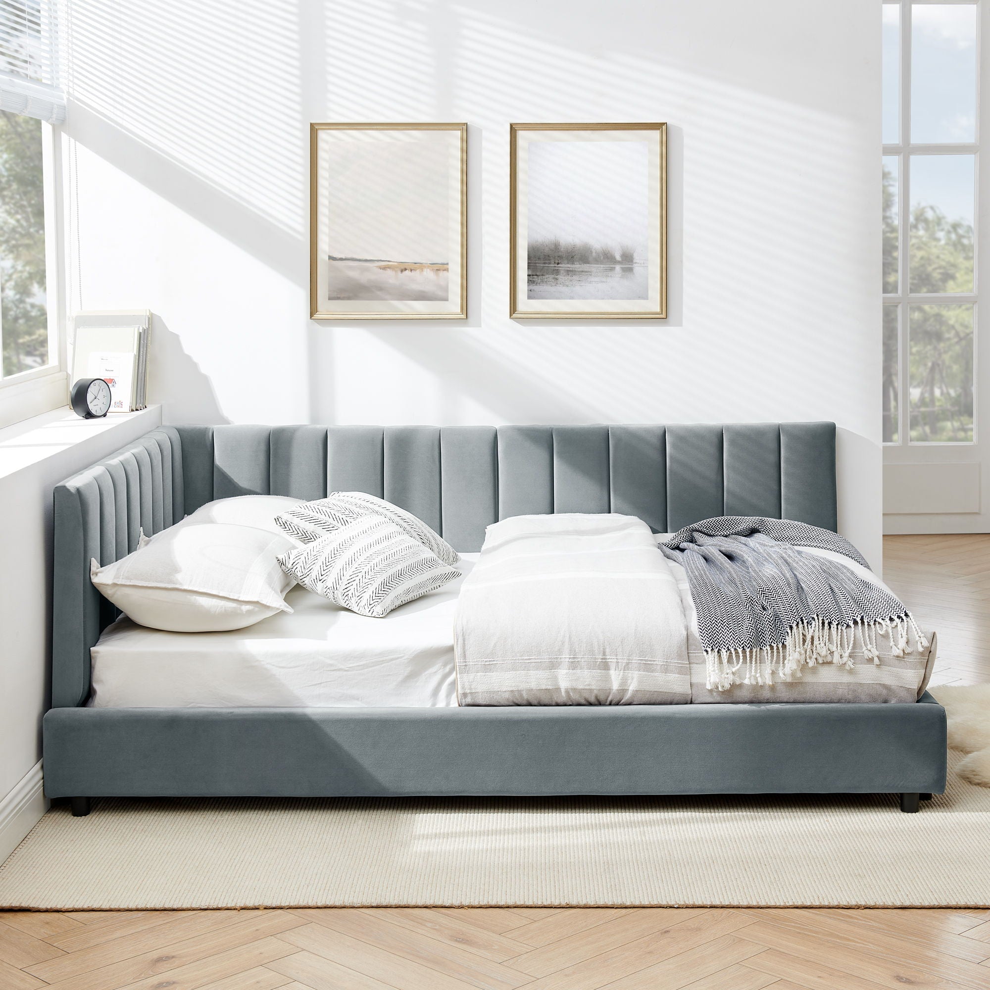 Mid-Century Upholstered Tufted Bed Frame with Backrest and Armrests