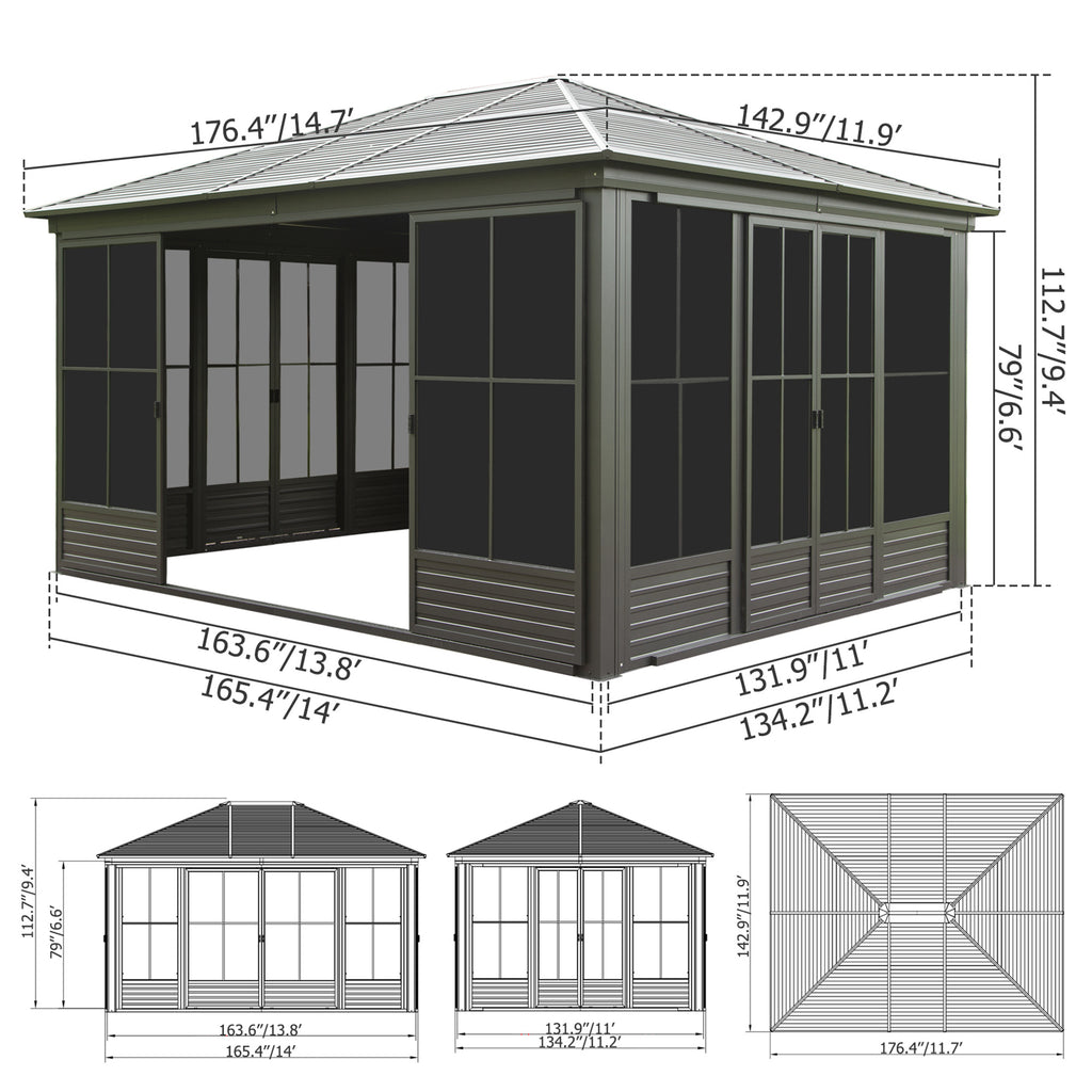 12x14FT Outdoor Sunroom, Galvanized Steel Hardtop Gazebo