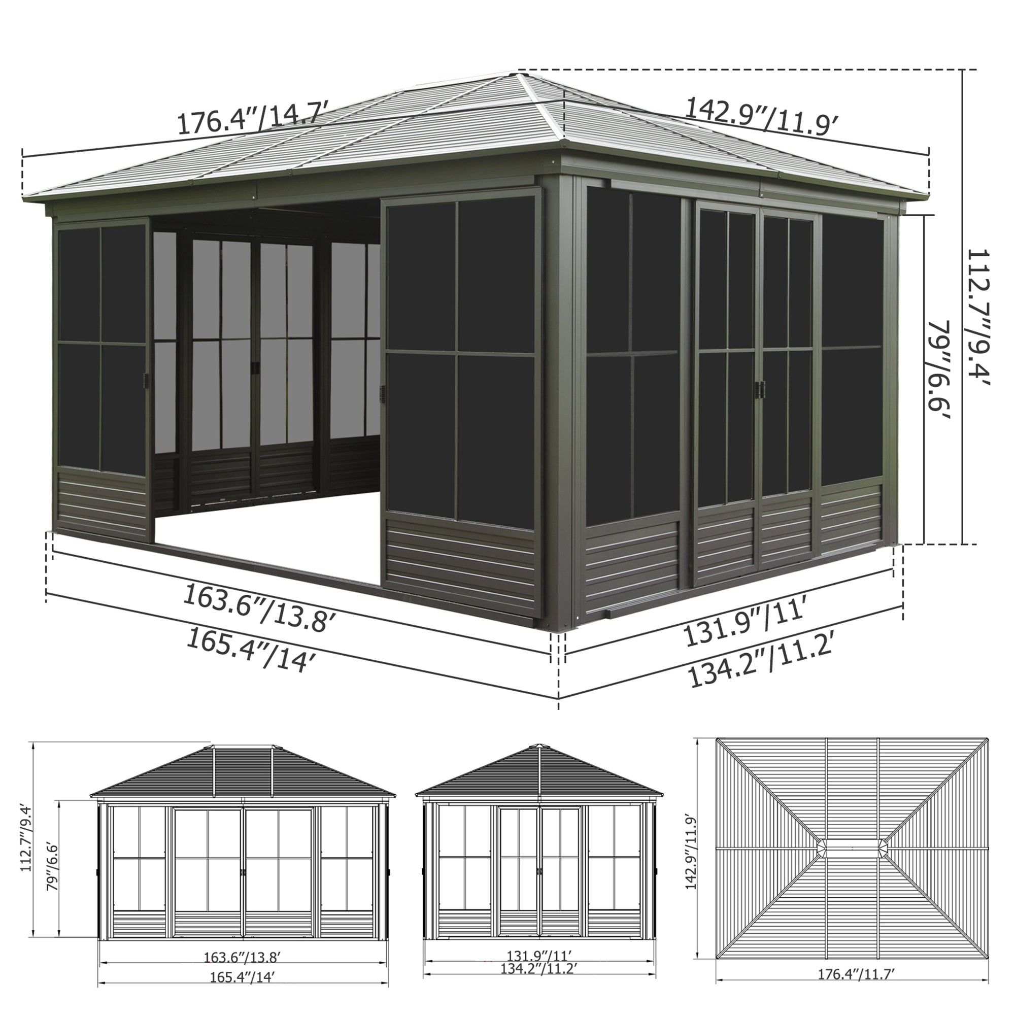 12x14FT Outdoor Sunroom, Galvanized Steel Hardtop Gazebo