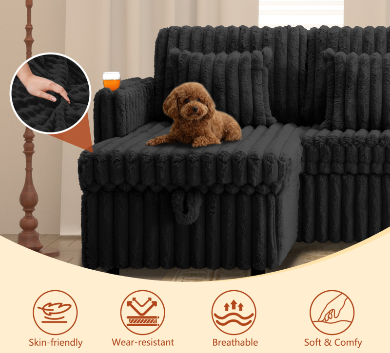 U Shaped Plush Corduroy Sectional Sleeper Sofa