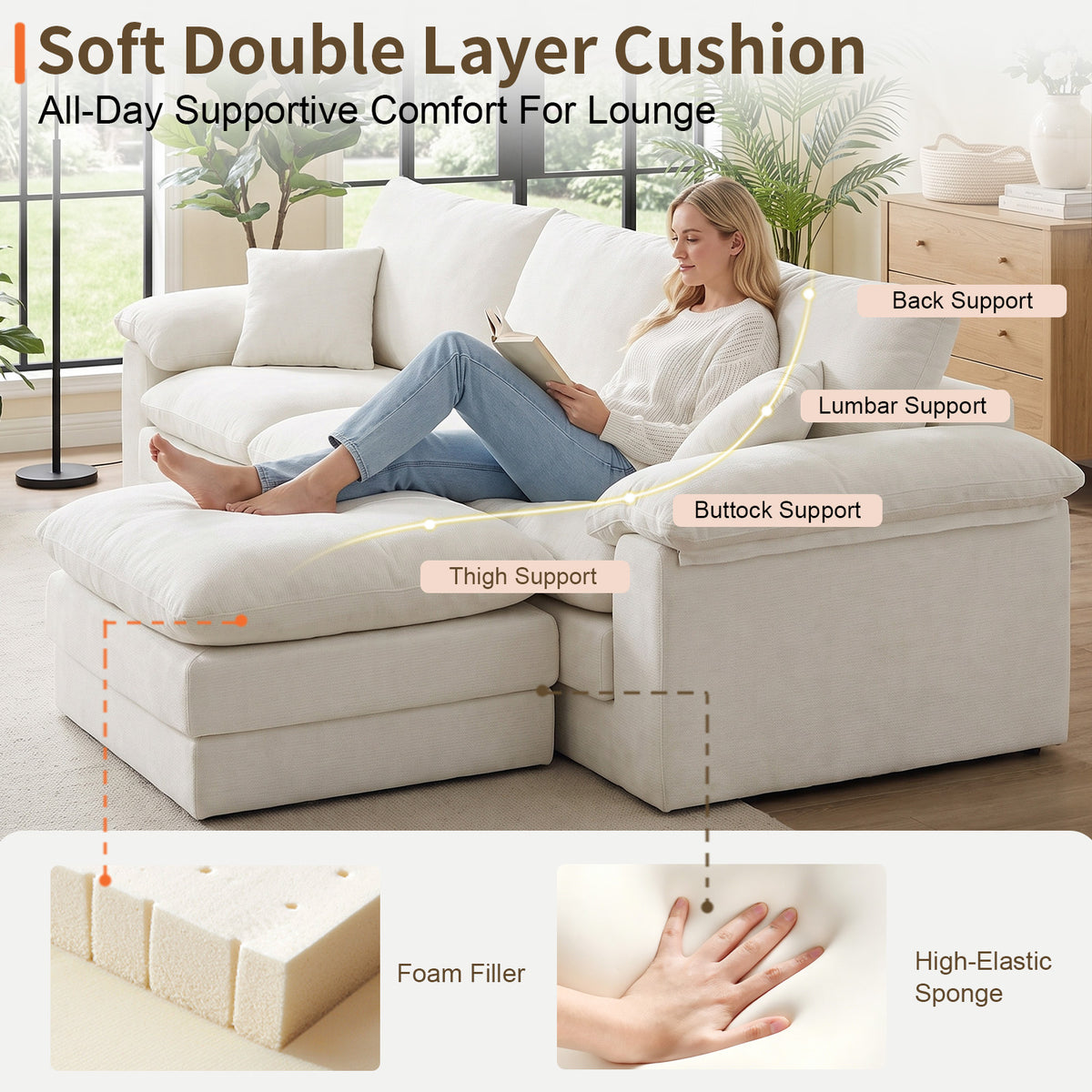 Modular L-Shaped Sectional Sofa with Movable Ottoman, Beige Chenille