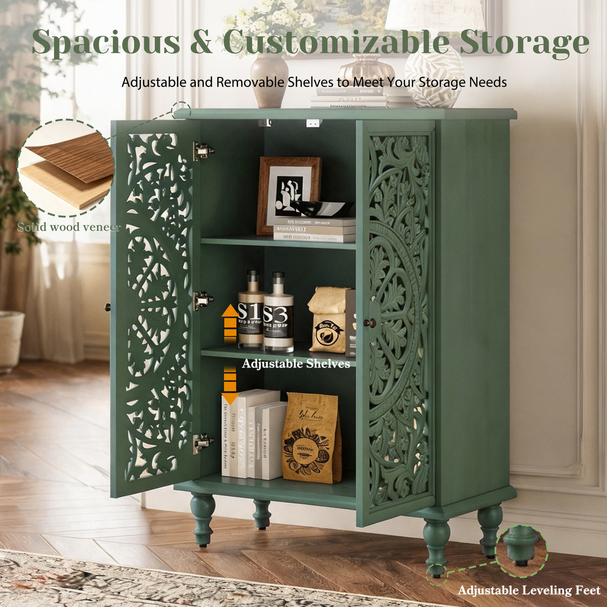 Tall Accent Cabinet with Carved Double Doors, Antique Green, 47-Inch