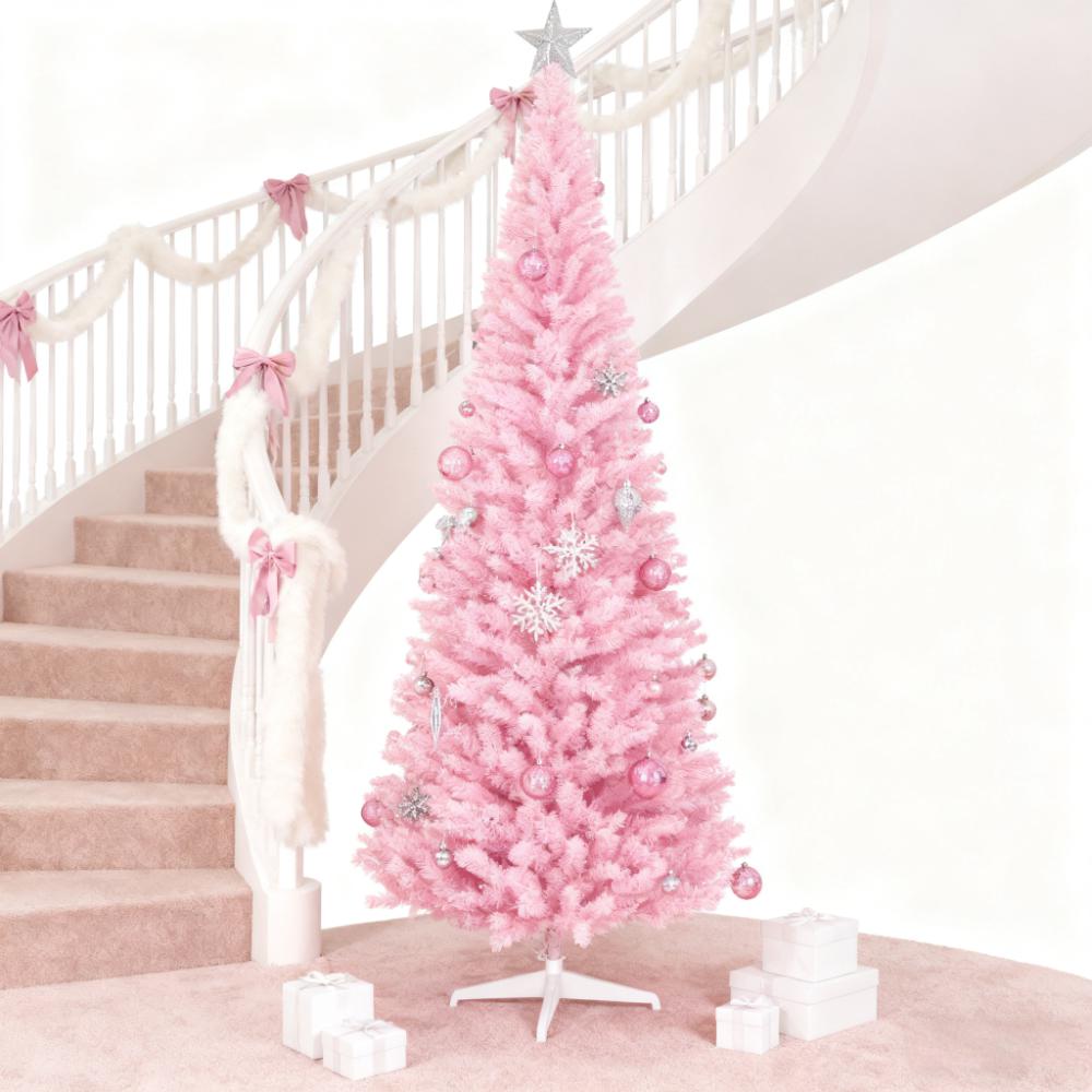 Slim Xmas Tree Artificial Pencil Christmas Tree, 7-Foot, Pink, with Plastic Stand