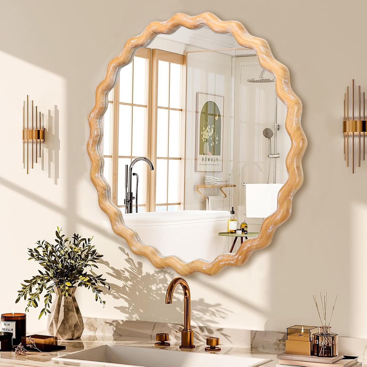 27.5-Inch Round Wavy Wall Mirror, Antique Natural Farmhouse Wood Frame