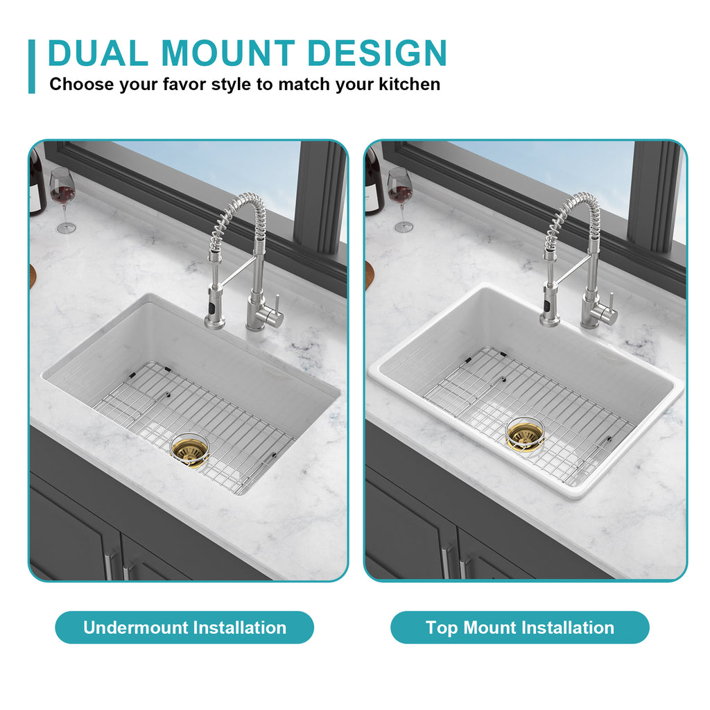 27"x19"x10" Undermount Single Bowl Fireclay Kitchen Sink