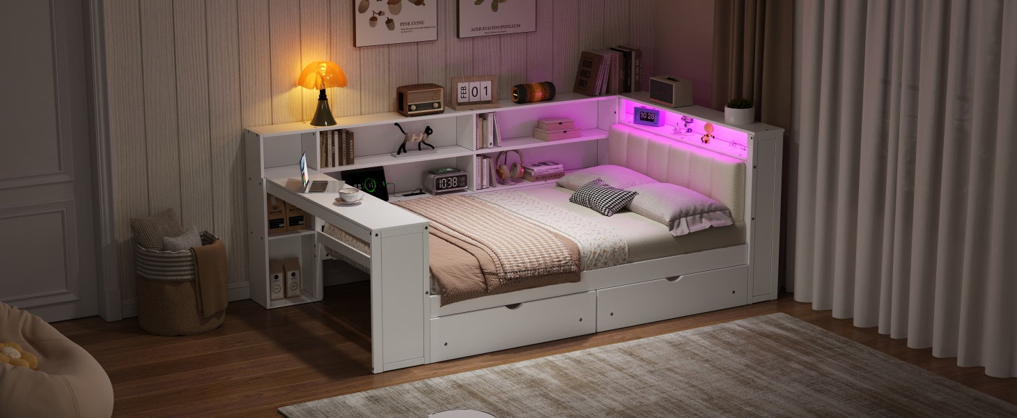 Wood Full Size Platform Bed with Storage Shelves and Charging Station