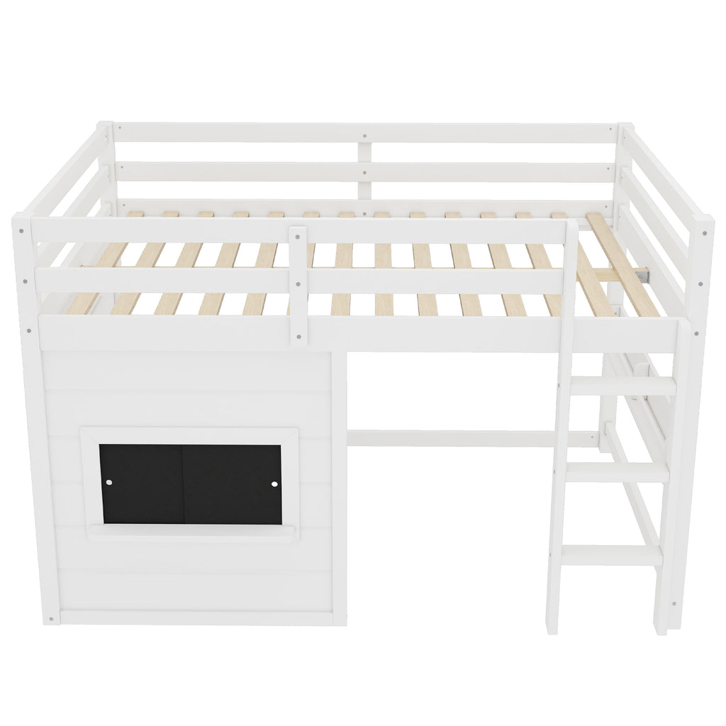 Full Size Loft Bed with Playful Sliding Chalkboard and Bookshelf