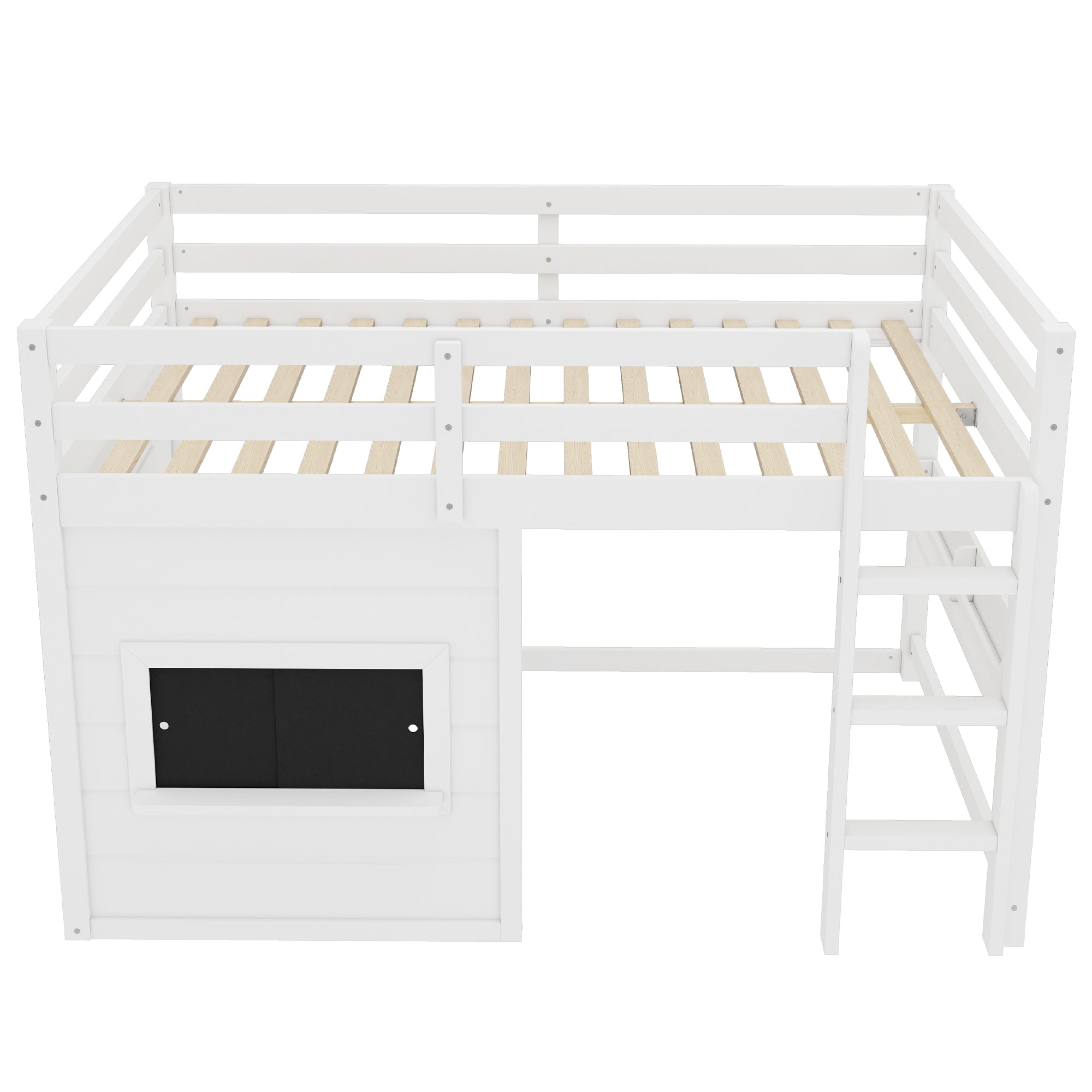 Full Size Loft Bed with Playful Sliding Chalkboard and Bookshelf