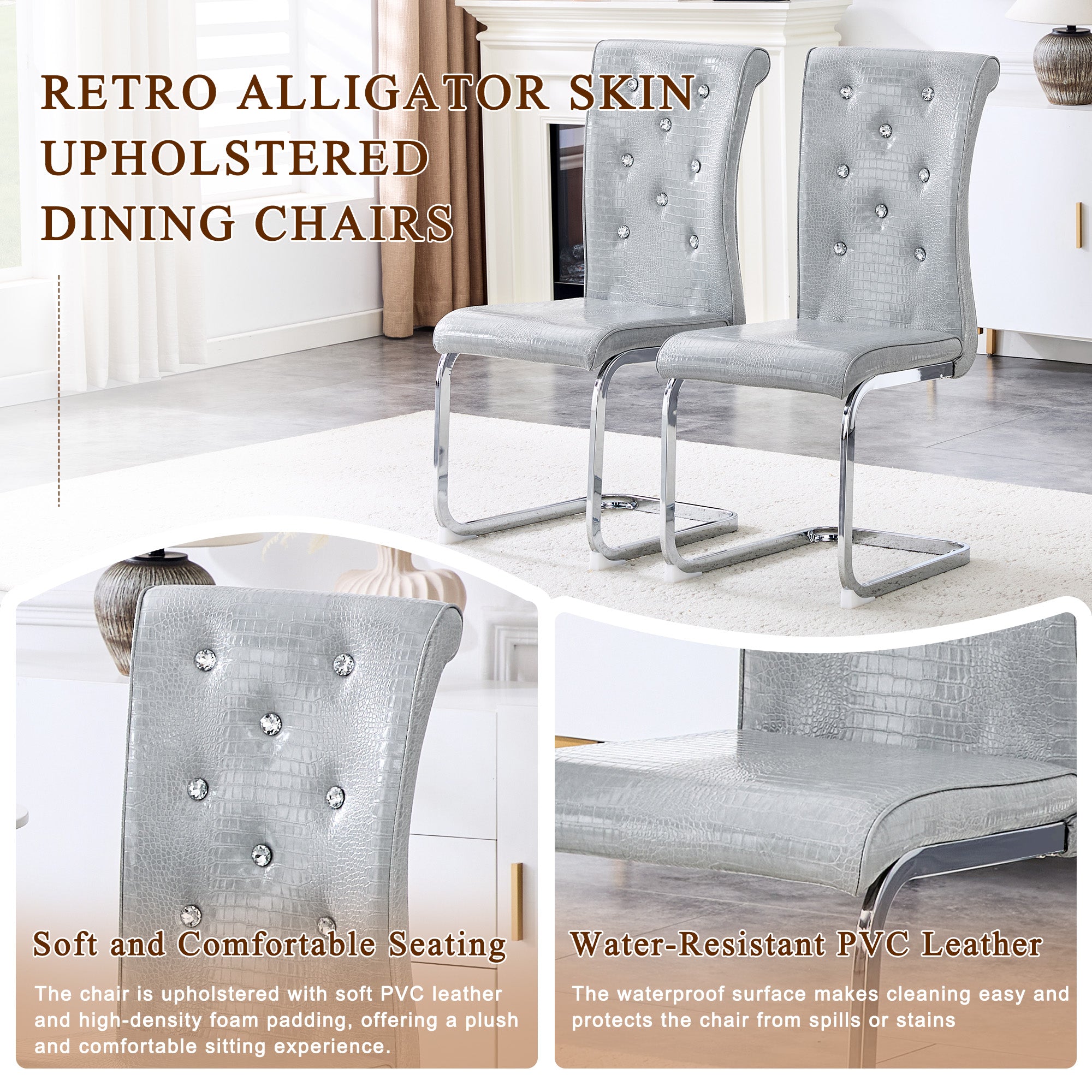 Set of 2 Retro Alligator Skin Upholstered Dining Chairs
