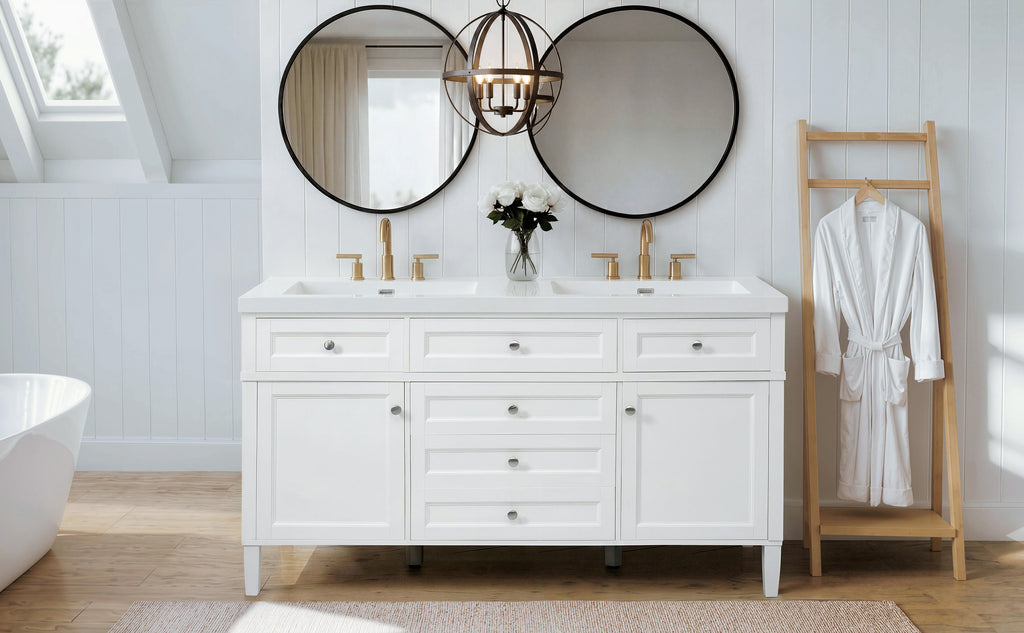 [Video] 59.1" Modern Bathroom Vanity with Resin Sink, Cabinet with 3 Drawers and 2 Doors, Adjustable Shelf, Door-Mounted Storage Rack, Soft-Close Mechanism, Freestanding