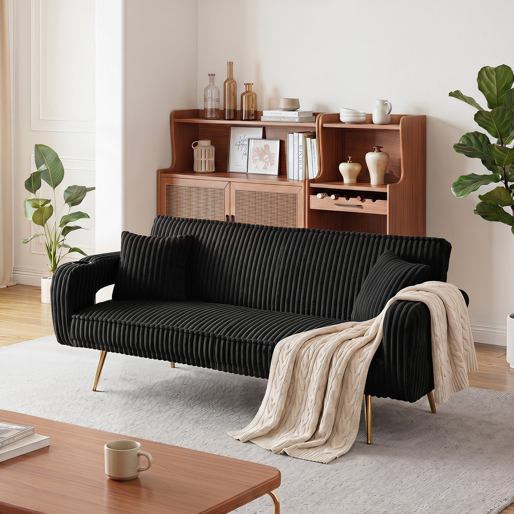 74 Inch Straight Corduroy Sofa Bed with Pillows