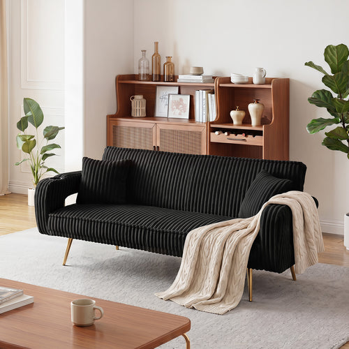 74 Inch Straight Corduroy Sofa Bed with Pillows