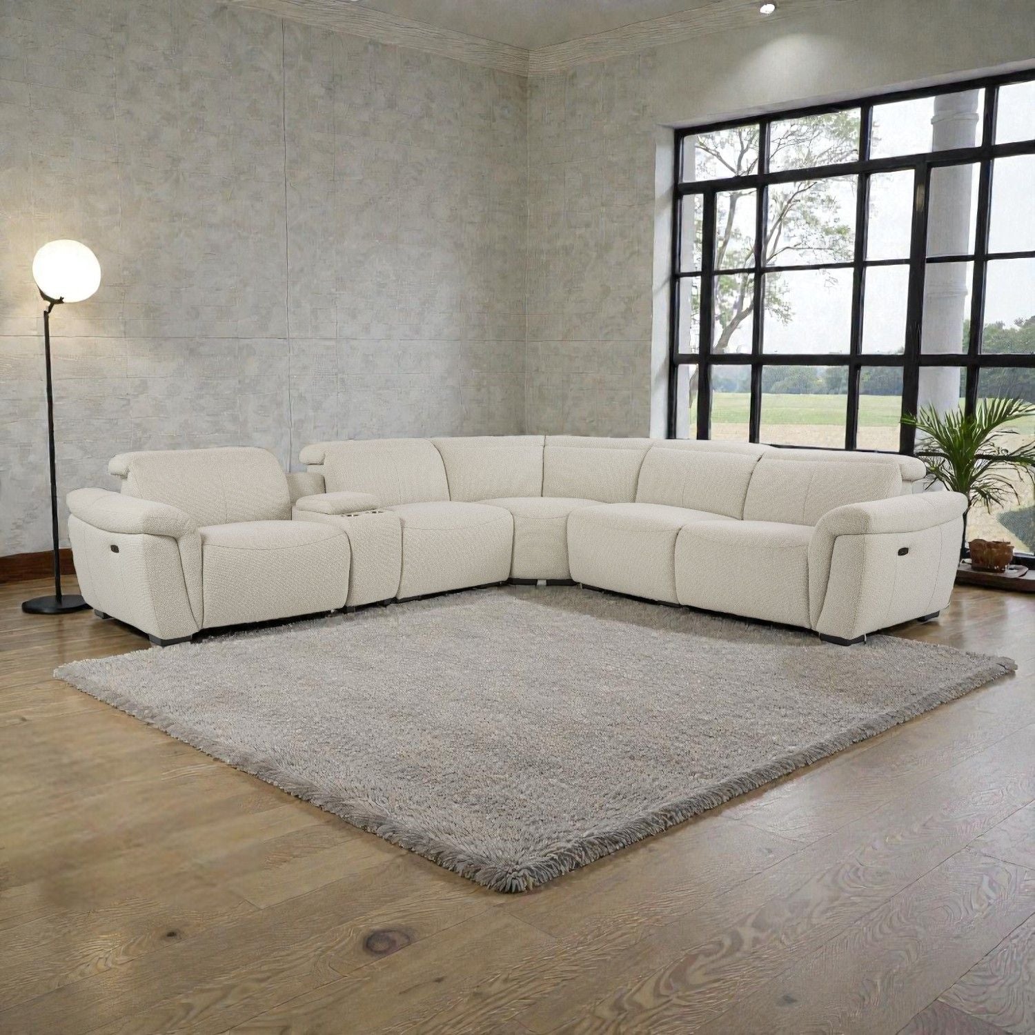 Dayana Boucle Power Recliner Sectional Sofa For 5 People With Cupholder Console Adjustable Headrest - Beige
