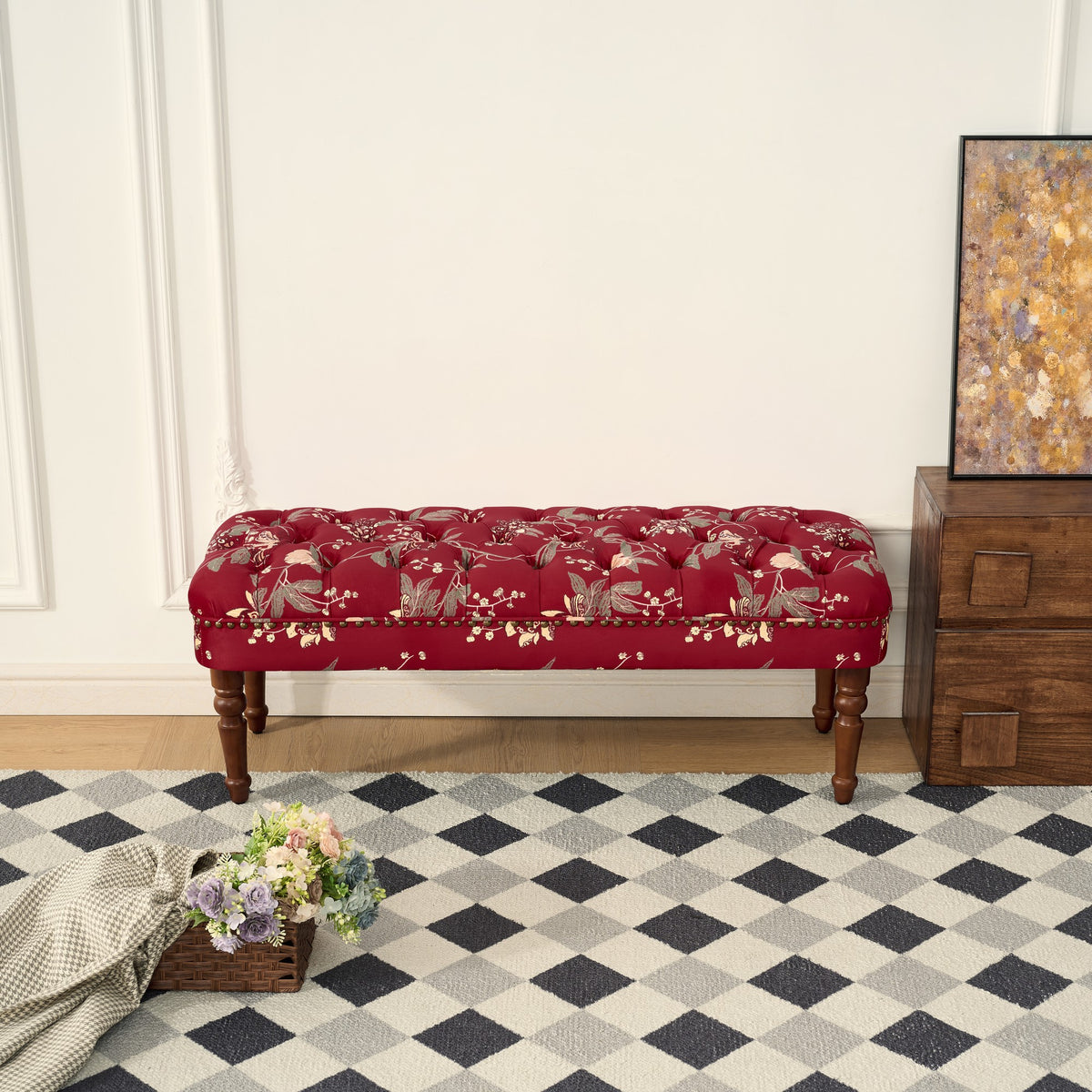 European Style Tufted Floral Bench with Turned Wood Legs