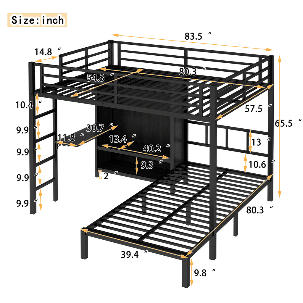 Full XL Over Twin Metal Bunk Bed with Folding Desk and LED Closet