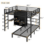 Full XL Over Twin Metal Bunk Bed with Folding Desk and LED Closet