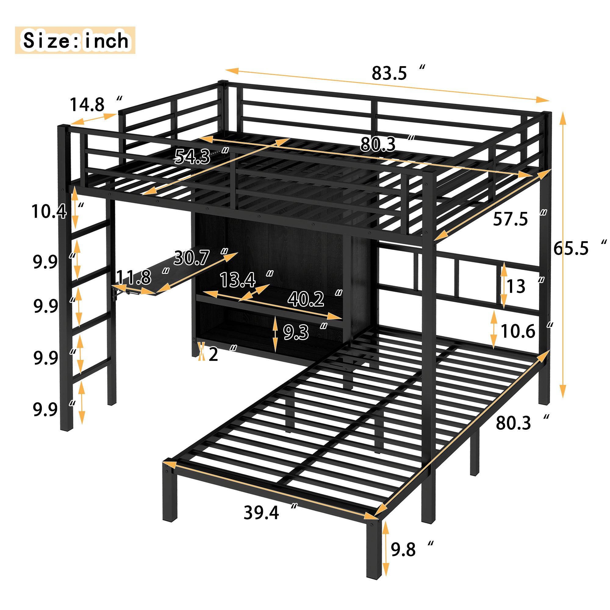 Full XL Over Twin Metal Bunk Bed with Folding Desk and LED Closet