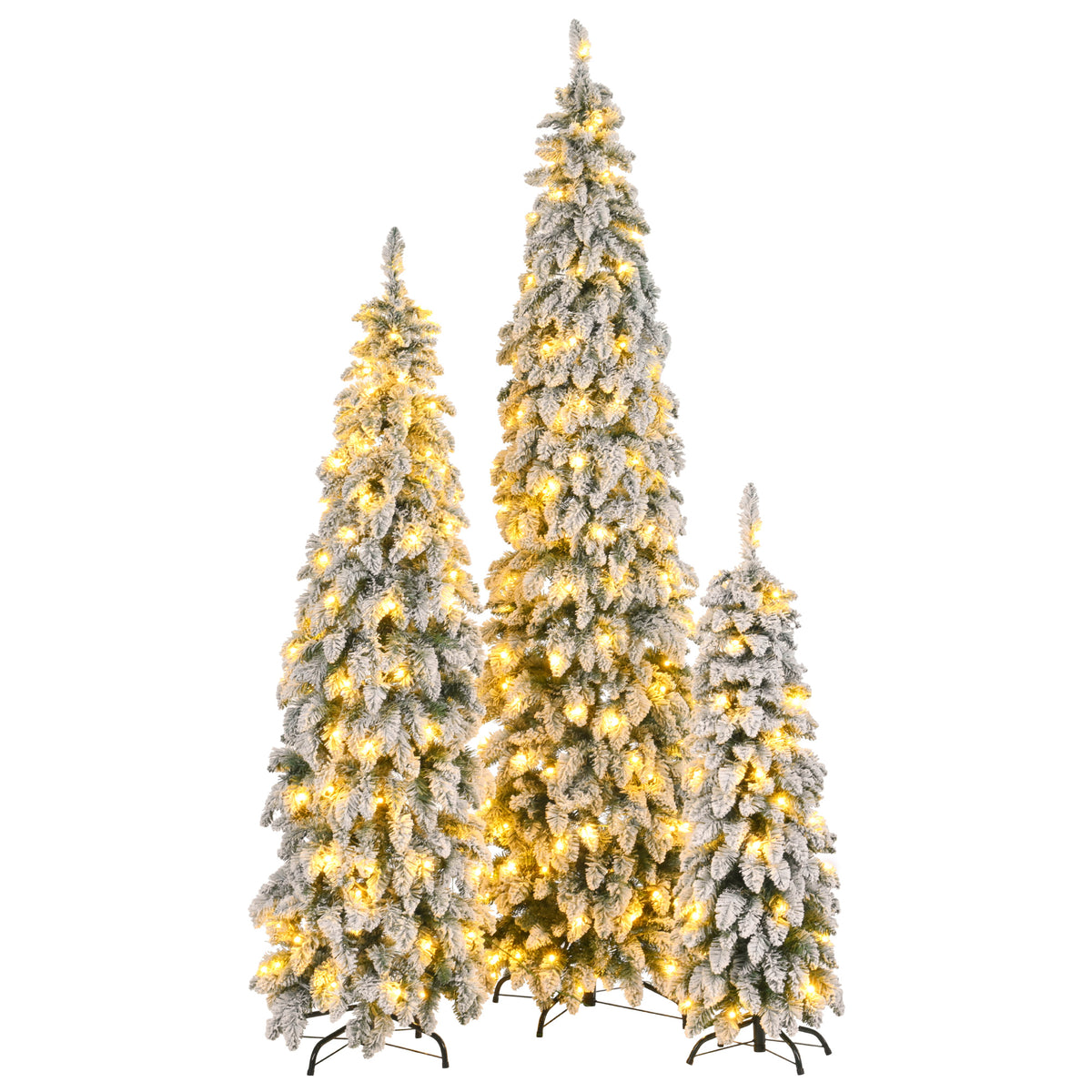 Pre-Lit Pencil Christmas Tree 3-Set, 4FT 6FT 8FT, Snow-Flocked, 290 LED Lights, 11 Modes