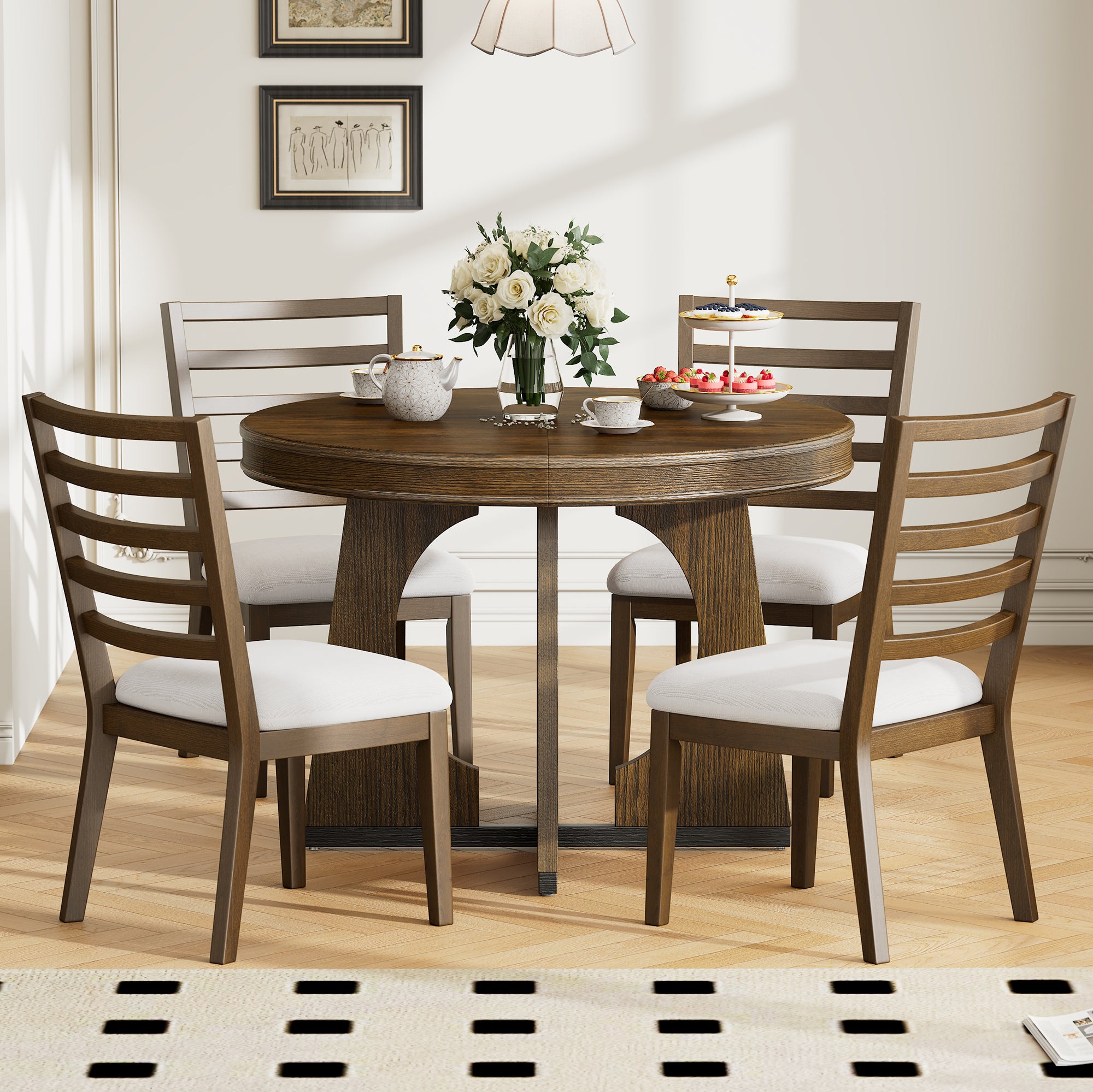 TREXM Round Dining Table for 4 with Chairs Set