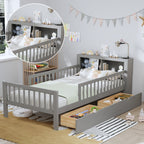Twin Size Bed with Headboard Storage Rack and Under-Bed Drawers