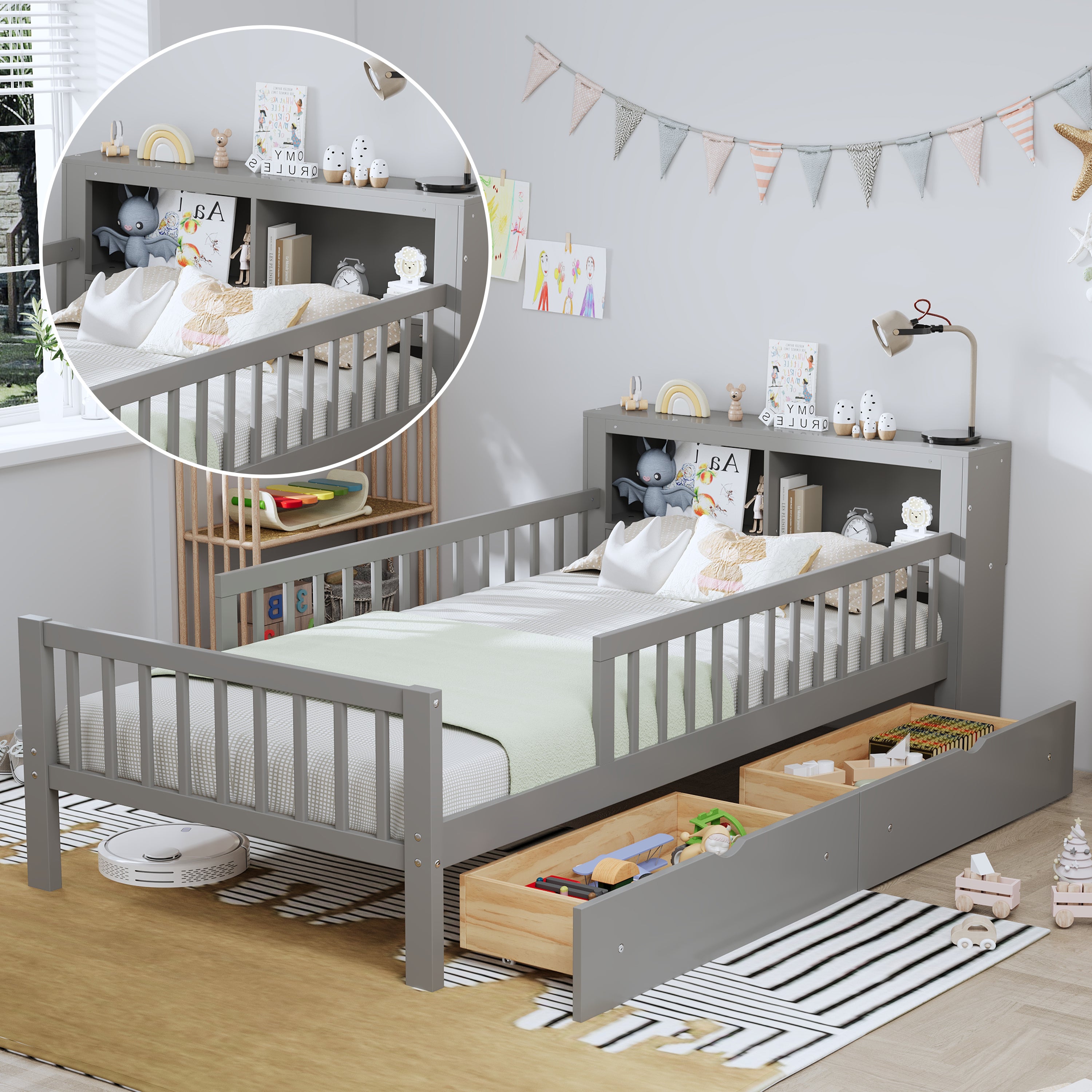 Twin Size Bed with Headboard Storage Rack and Under-Bed Drawers