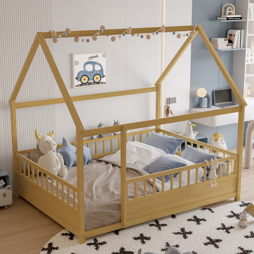 Full Size Floor Wooden Bed with House Roof Frame