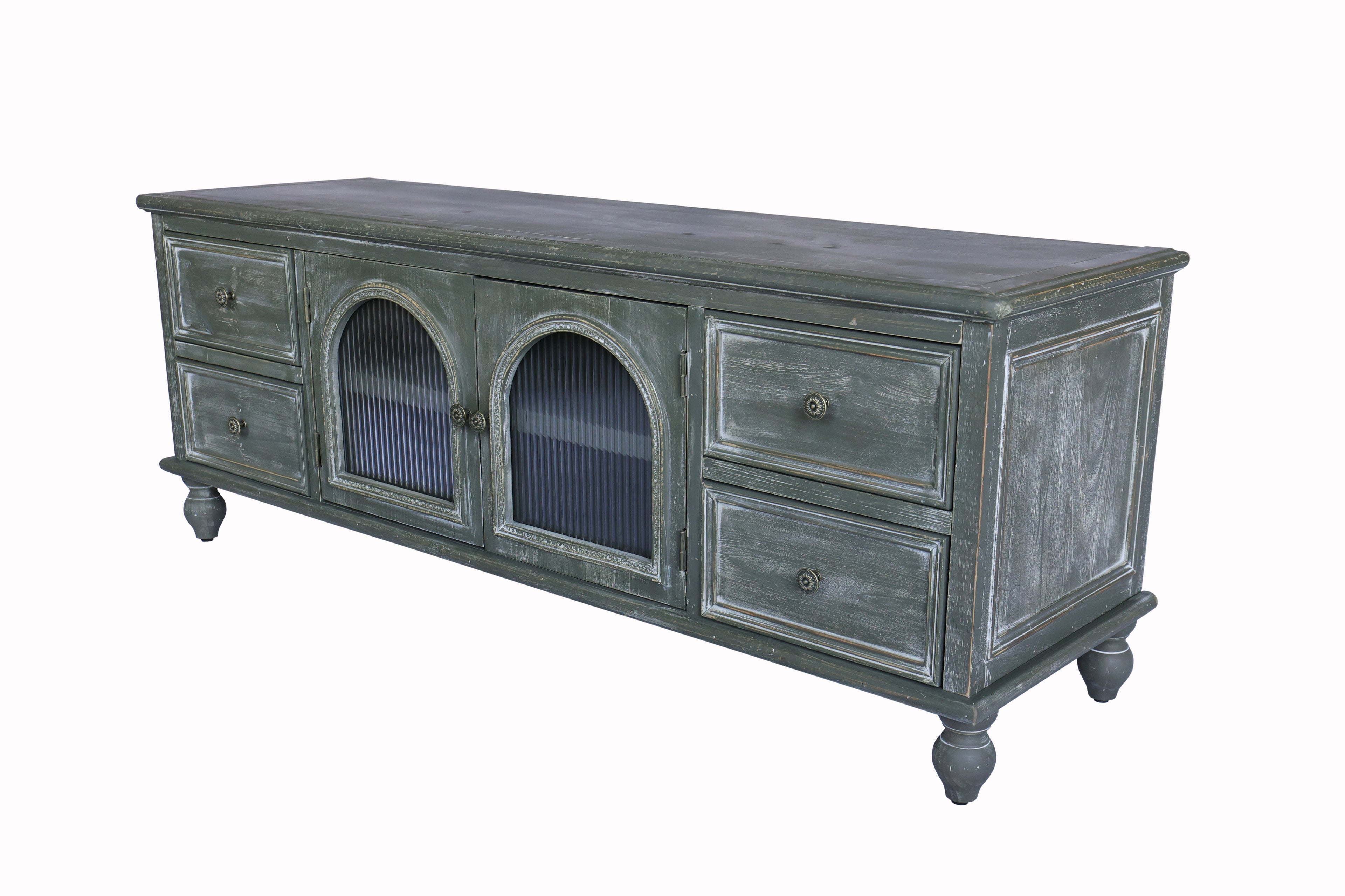 60" Farmhouse TV Stand with 4 Drawers & 2 Glass Doors