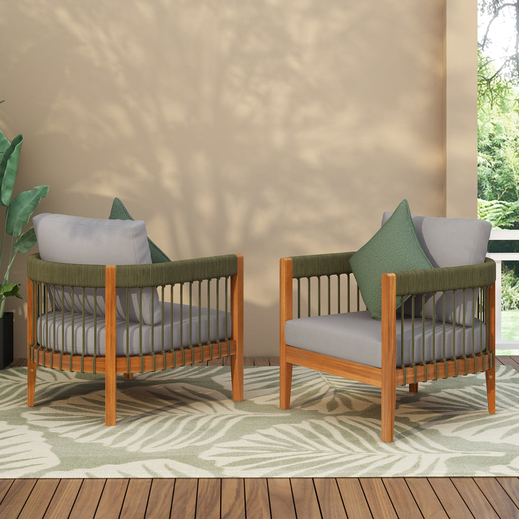 Set of 2 Acacia Wood Outdoor Club Chair with Handwoven Rope Accents