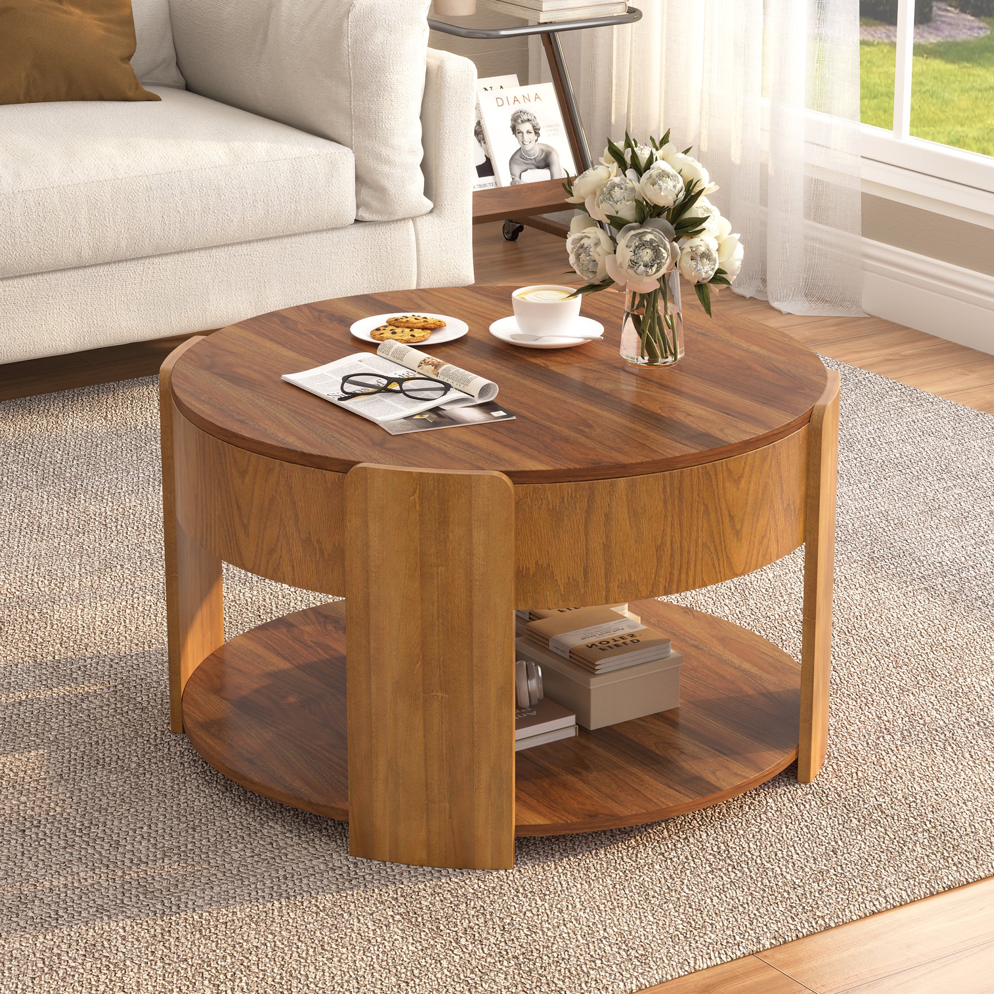 Vibe Haus Farmhouse Round Lift Top Coffee Table