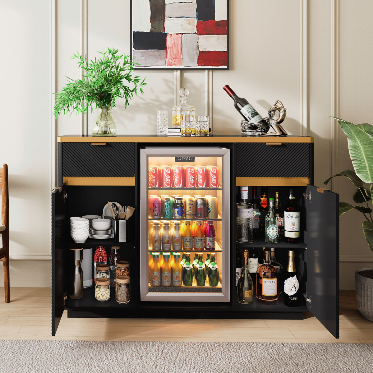 60.24" Buffet Sideboard with Faux Marble Top, Vent & Cable Cutout, Adjustable Shelves, Modern Fluted Wine Fridge Cabinet, Drawers & Storage Cabinets for Mini Fridge, Coffee Bar & Home Wine Station