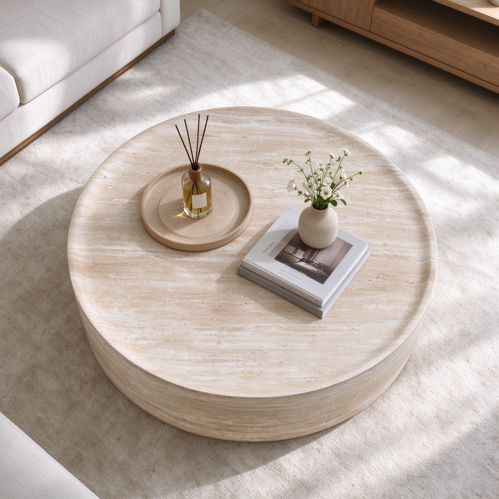 Round 35.43-Inch Coffee Table, Travertine-Look Fiberglass, Beige Yellow