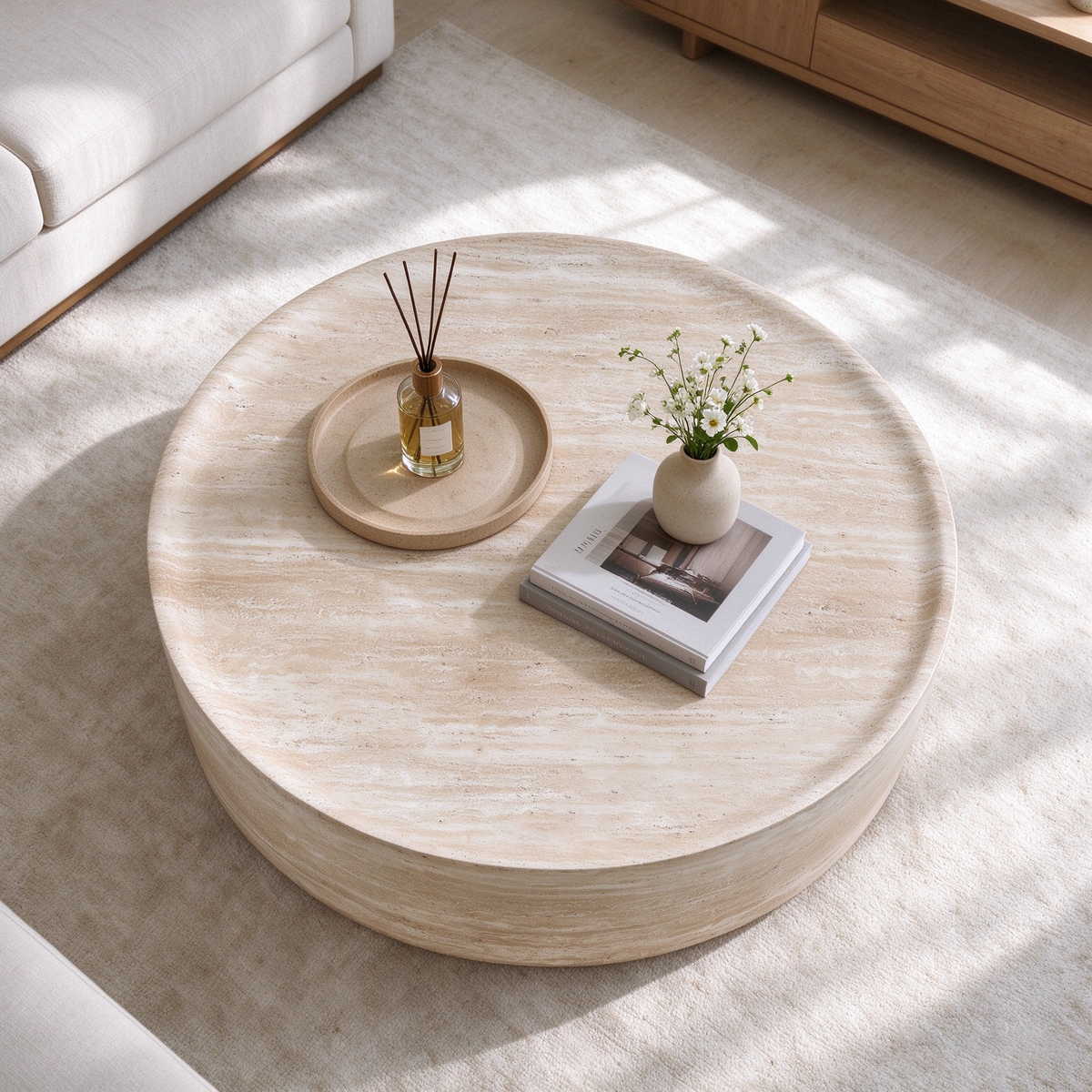 Round 35.43-Inch Coffee Table, Travertine-Look Fiberglass, Beige Yellow